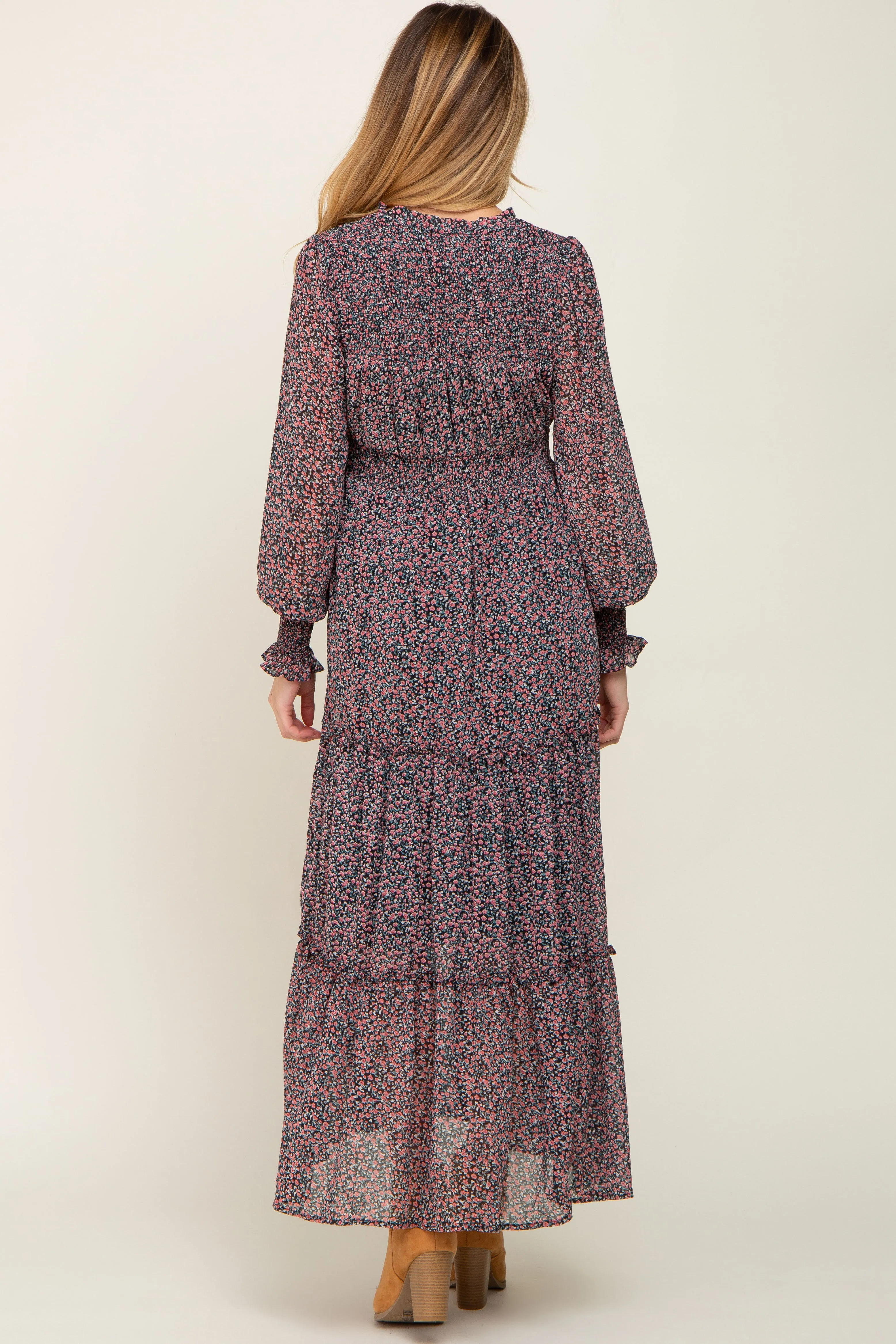 Black Floral Smocked Tiered Maternity Maxi Dress sold by Pinkblush product image thumbnail 3