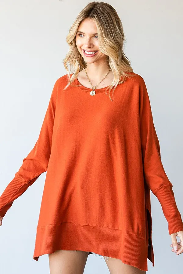 Orange Dolman Sleeve Side Slit Sweater sold by Pinkblush