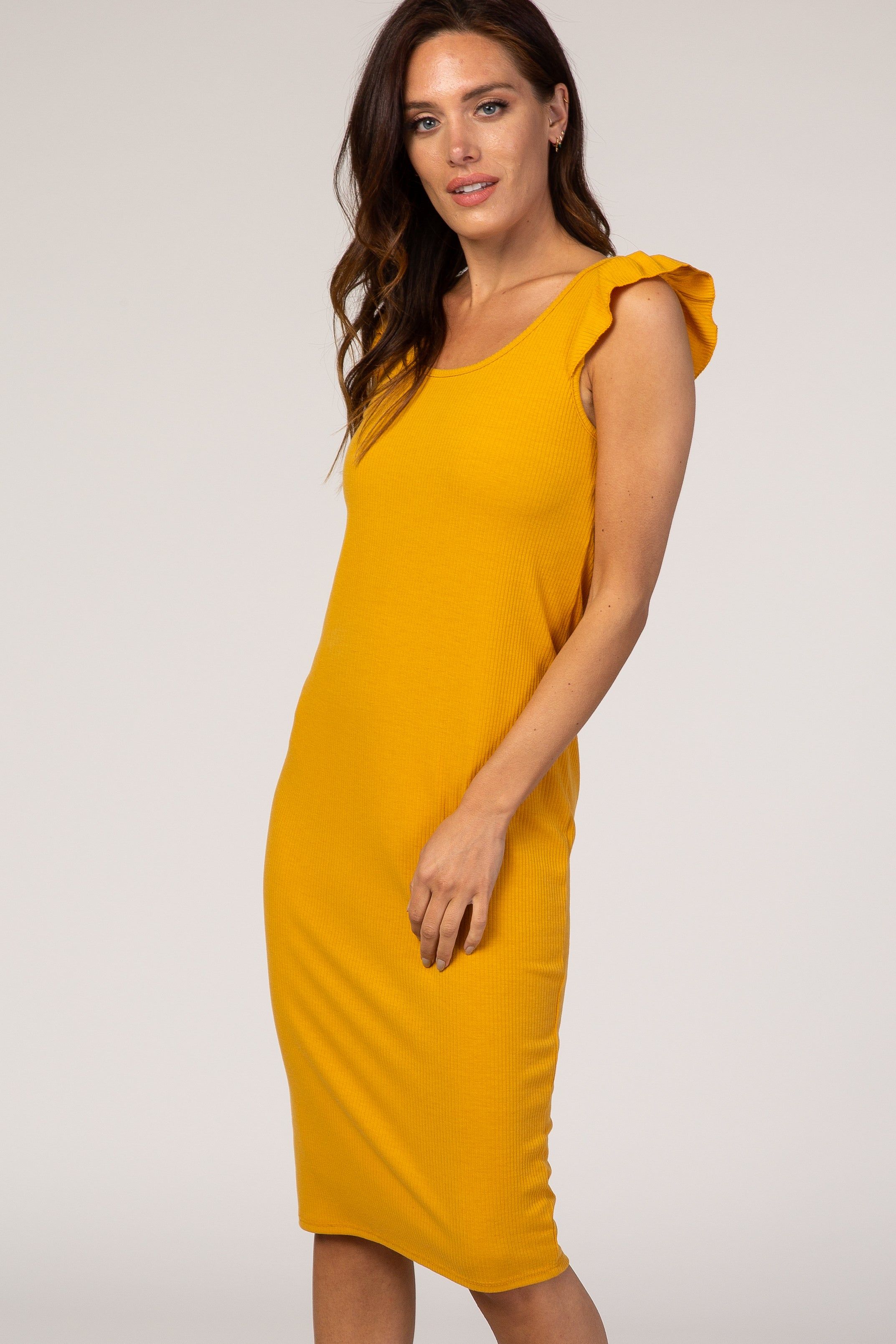 Mustard Flounce Sleeve Ribbed Dress sold by Pinkblush product image thumbnail 2