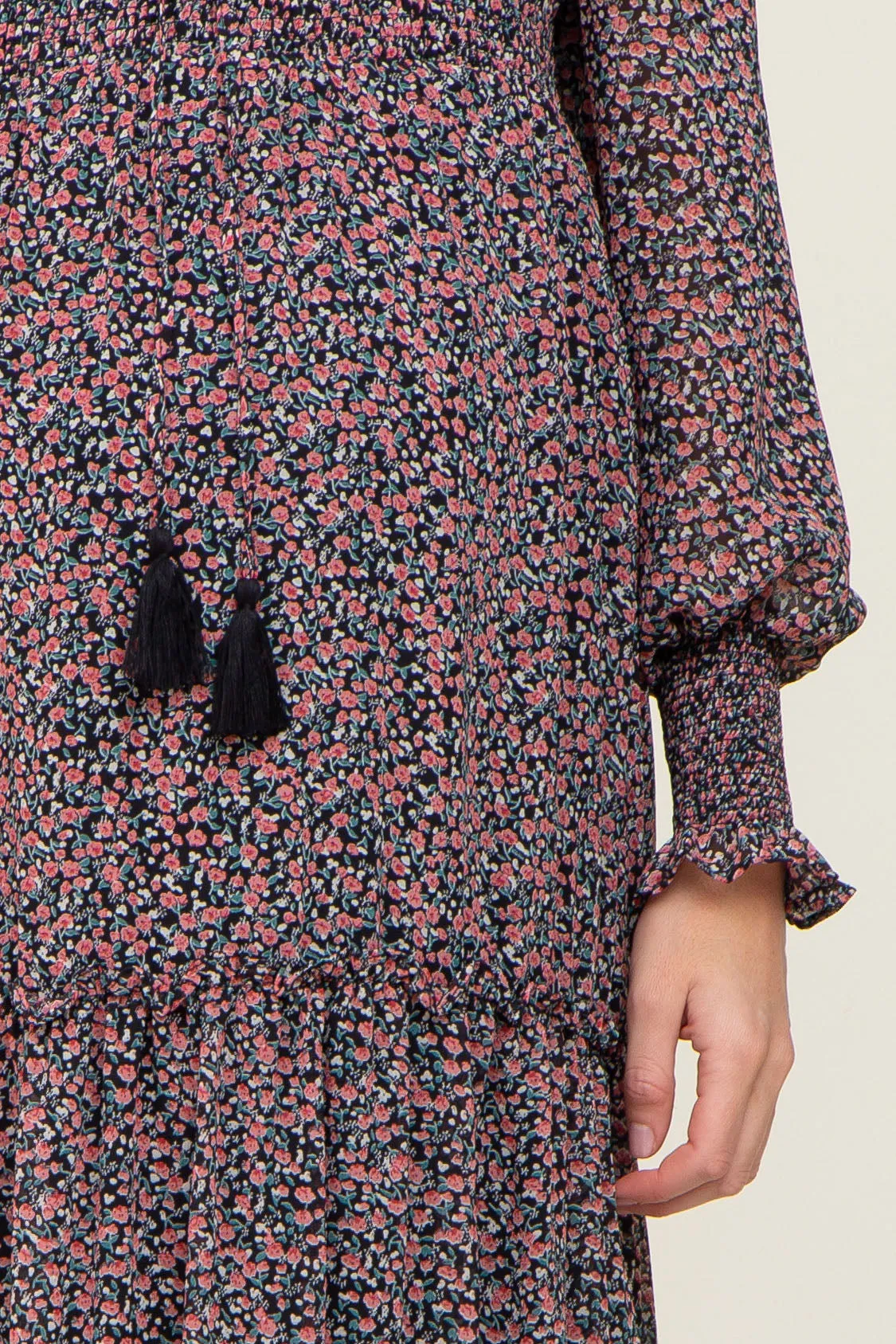 Black Floral Smocked Tiered Maternity Maxi Dress sold by Pinkblush product image thumbnail 4