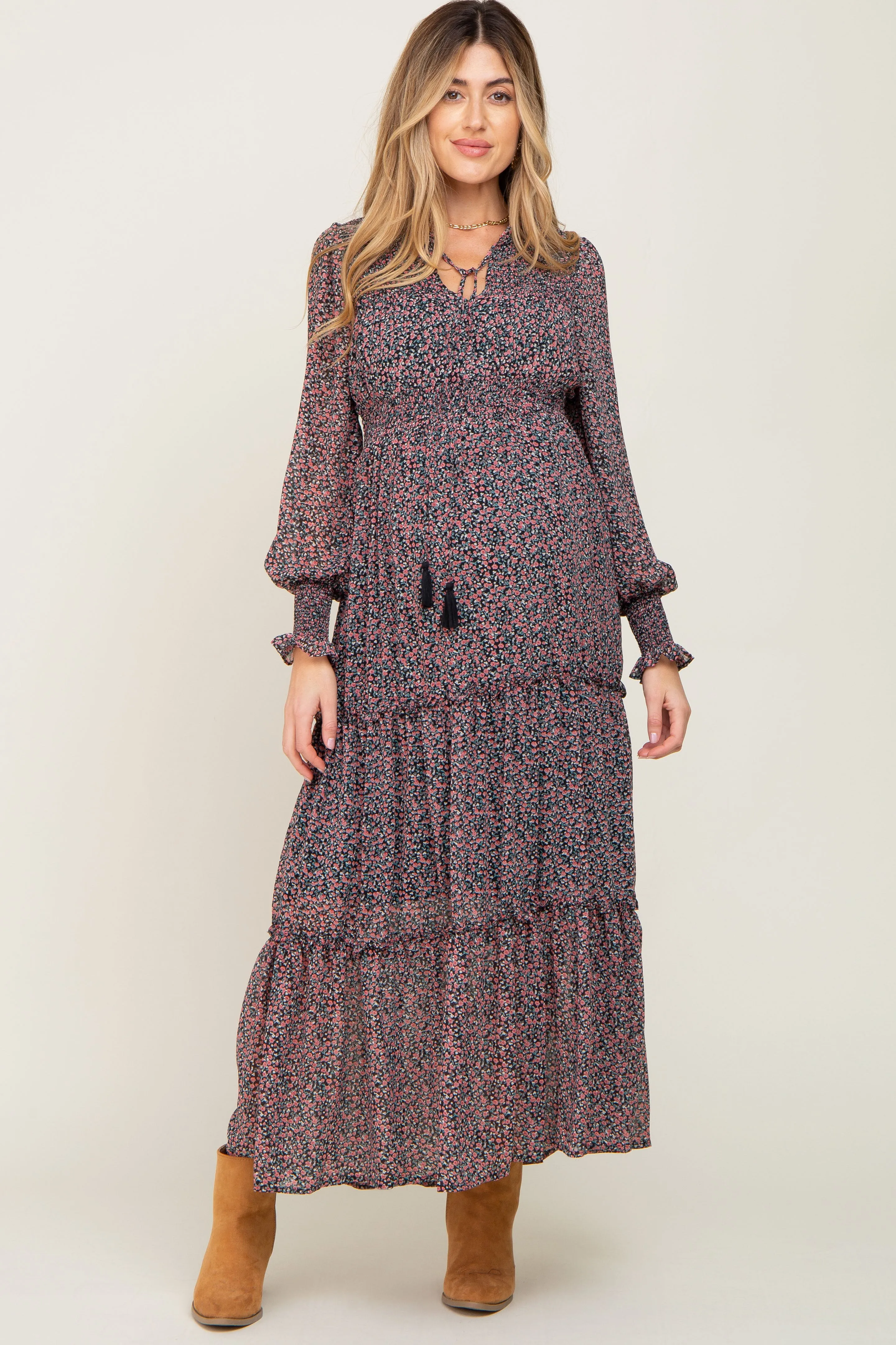Black Floral Smocked Tiered Maternity Maxi Dress sold by Pinkblush