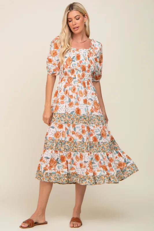 Cream Floral Puff Sleeve Tiered Midi Dress sold by Pinkblush