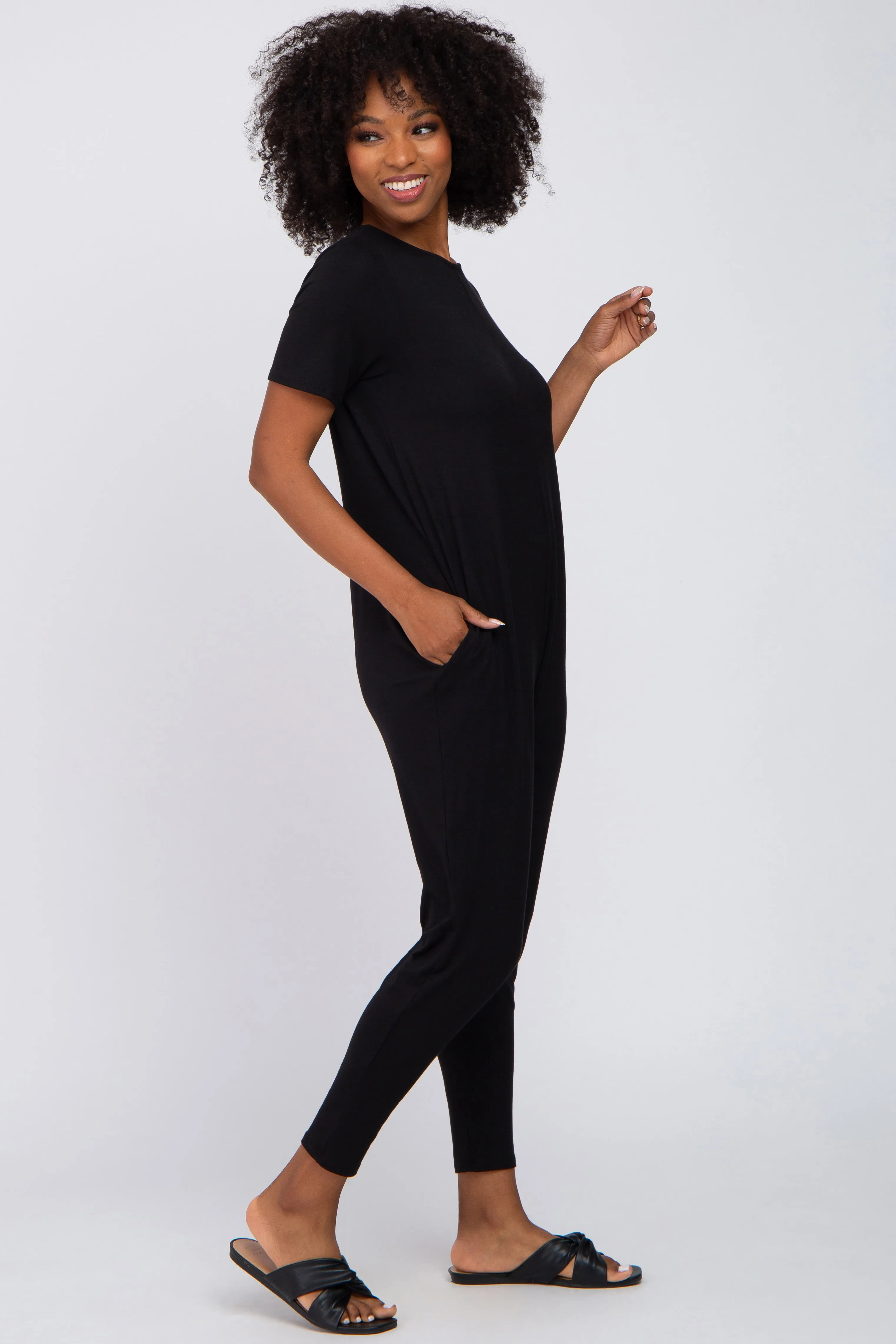 Black Basic Short Sleeve Jumpsuit sold by Pinkblush product image thumbnail 2