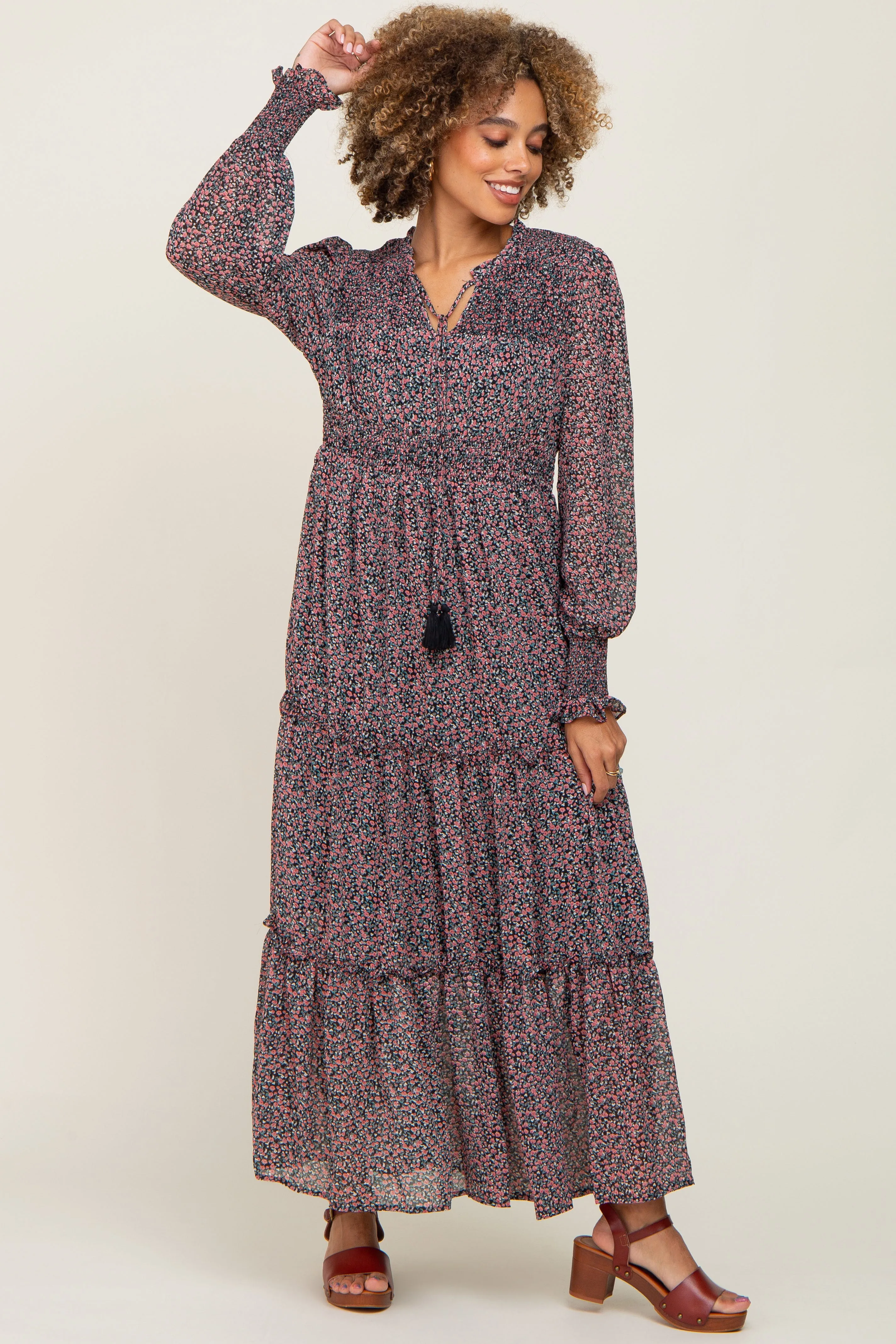 Black Floral Smocked Tiered Maternity Maxi Dress sold by Pinkblush product image thumbnail 5