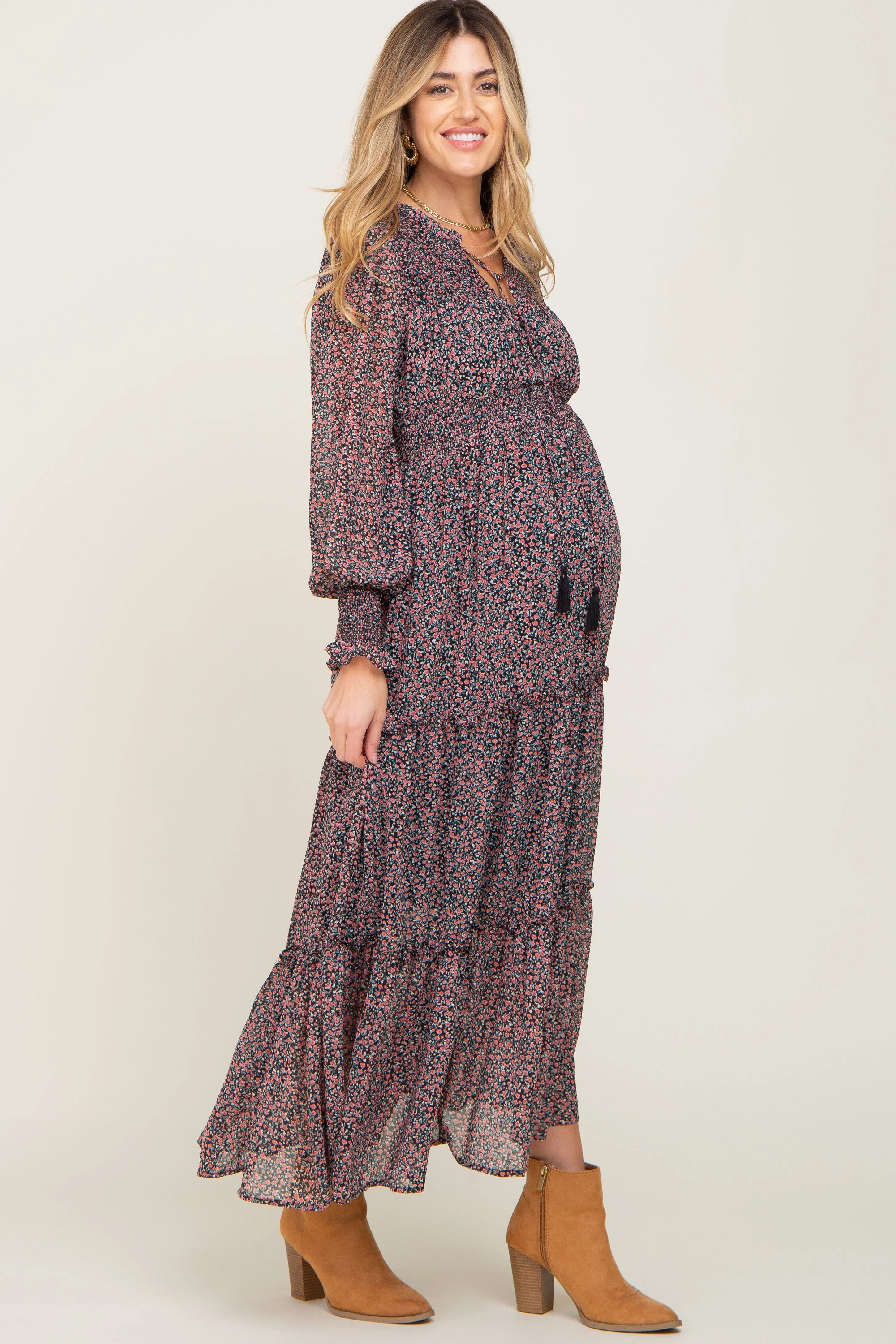 Black Floral Smocked Tiered Maternity Maxi Dress sold by Pinkblush product image thumbnail 2