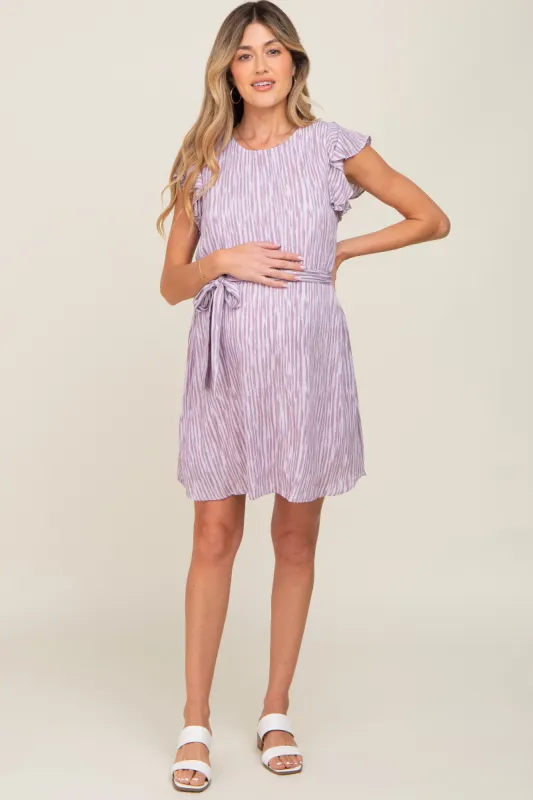 Lavender Striped Flutter Sleeve Tied Waist Maternity Dress sold by Pinkblush