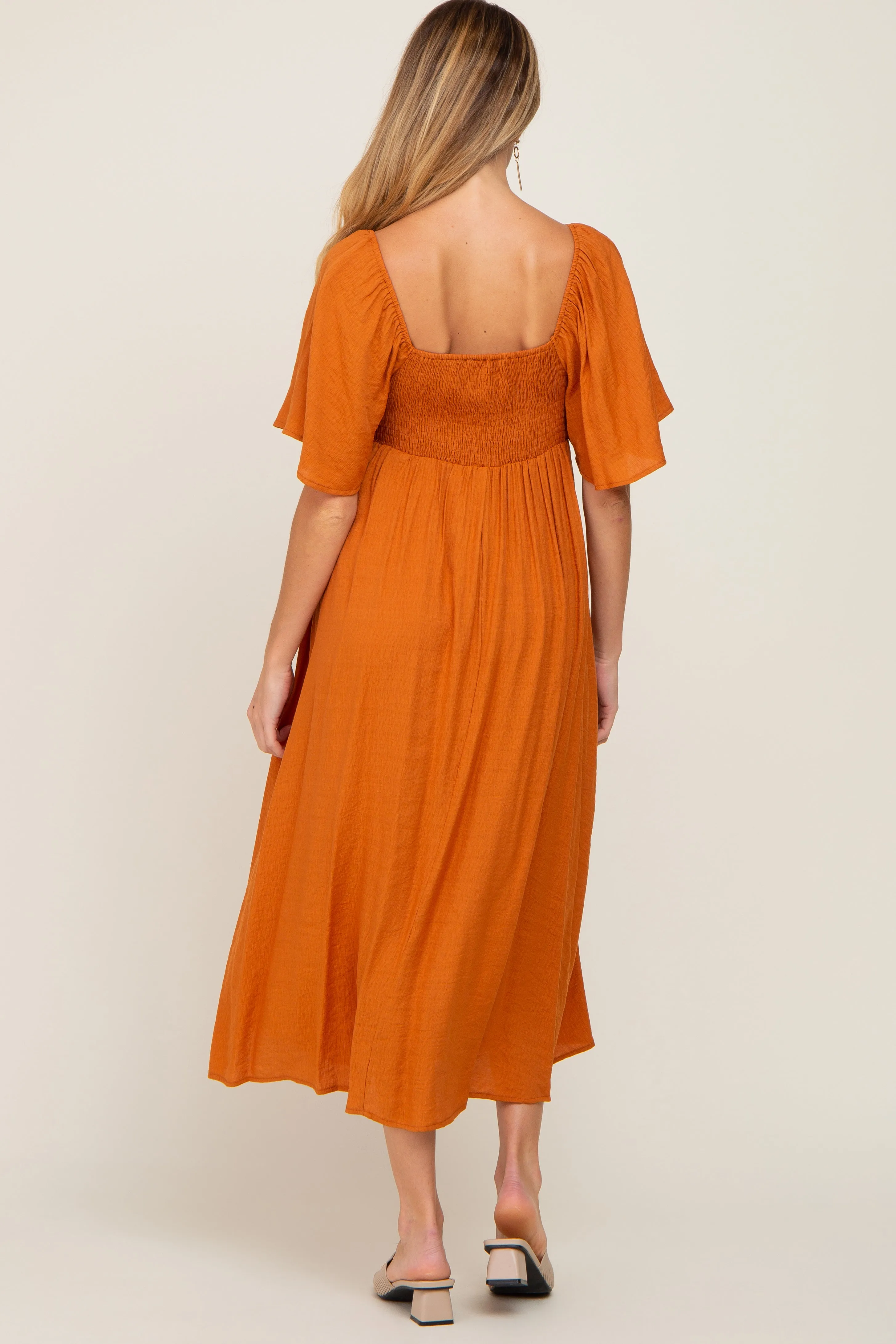 Rust Front Tie Ruffle Sleeve Maternity Midi Dress sold by Pinkblush product image thumbnail 3