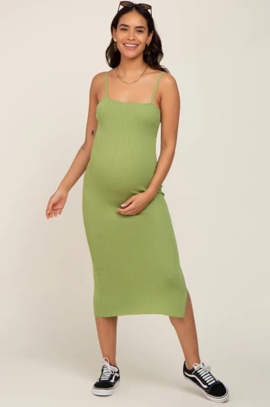 Light Olive Ribbed Knit Side Slit Maternity Midi Dress sold by Pinkblush