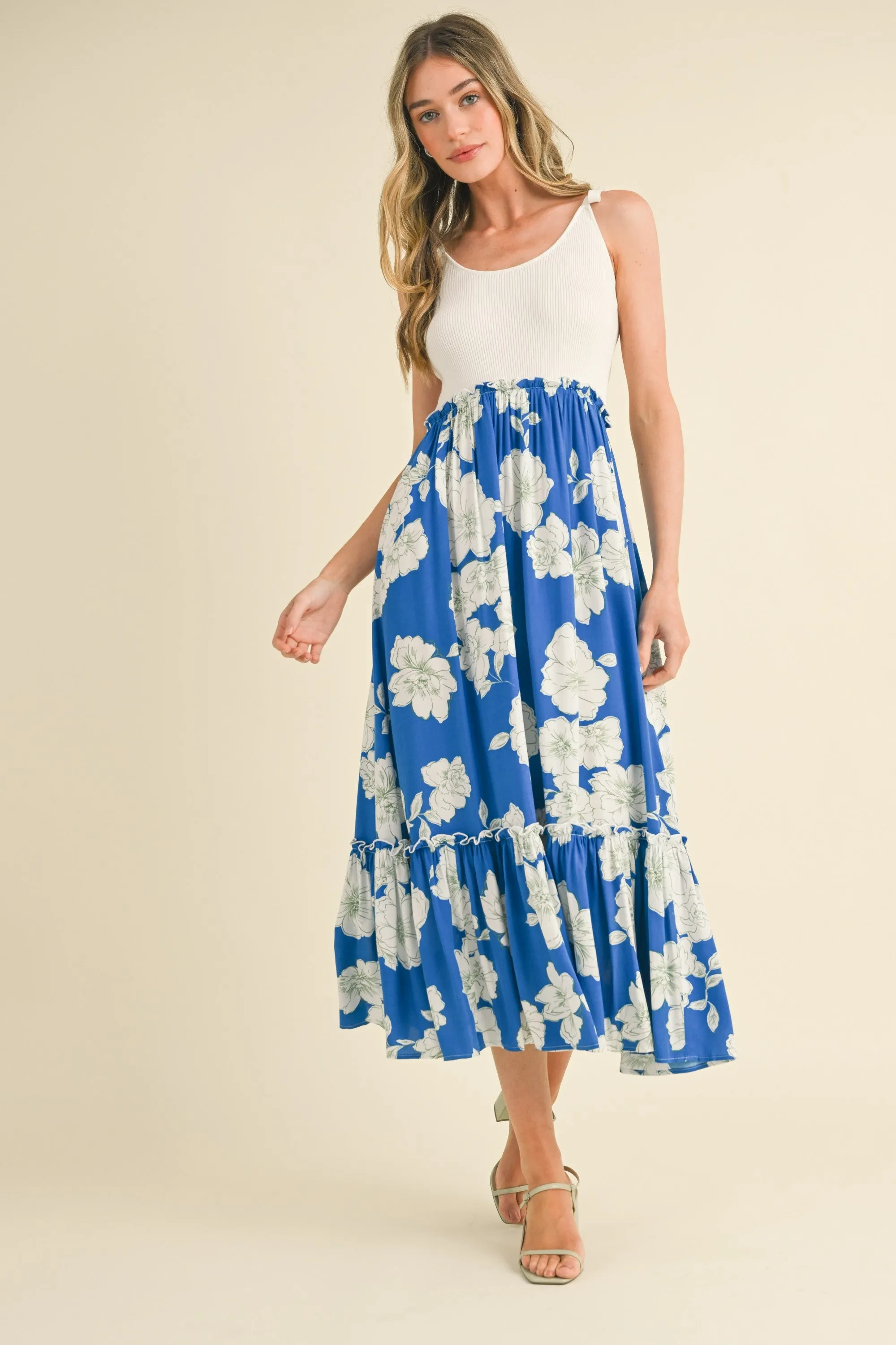 Royal Blue Floral Colorblock Midi Dress sold by Pinkblush