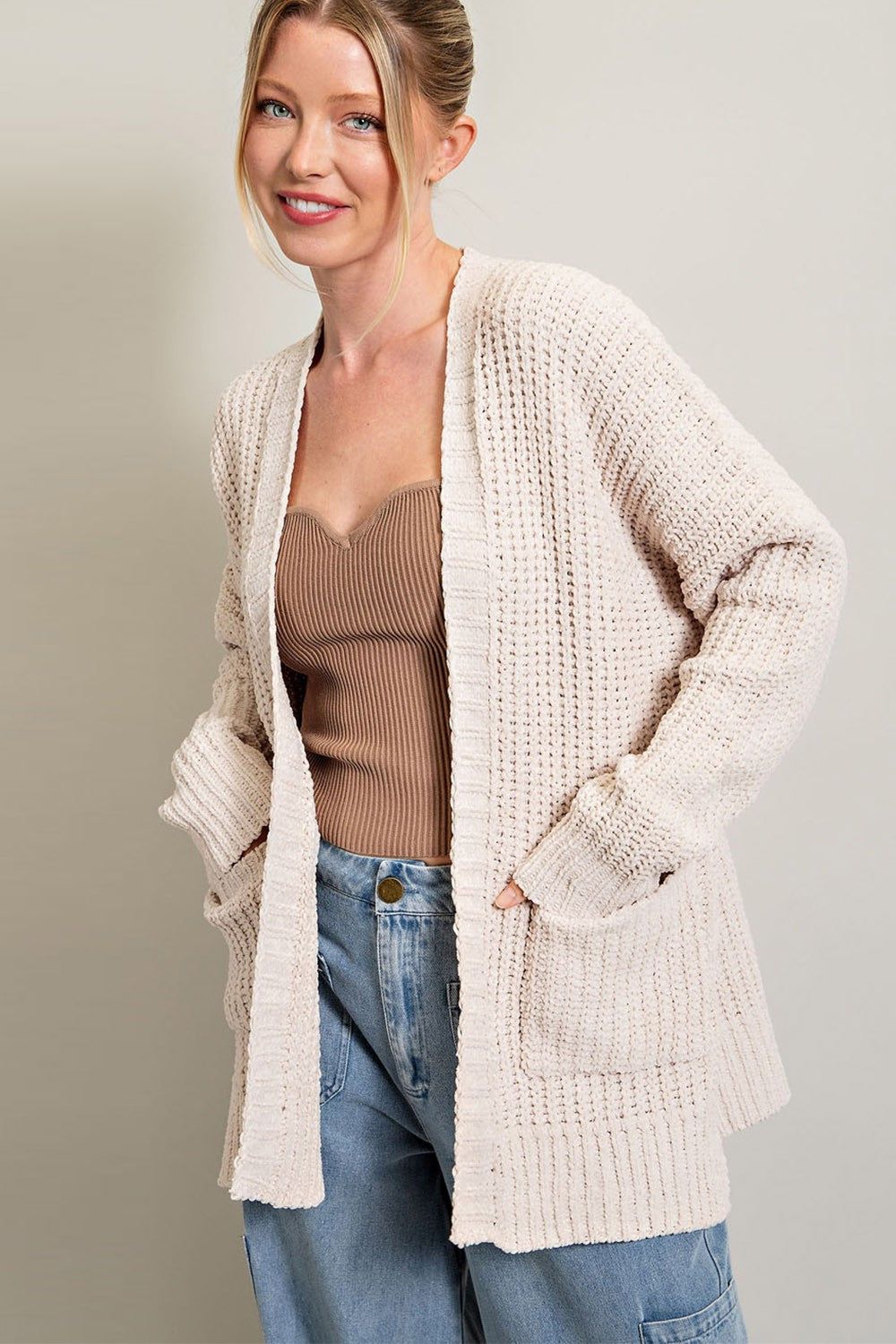 Beige Brushed Chenille Knit Cardigan sold by Pinkblush
