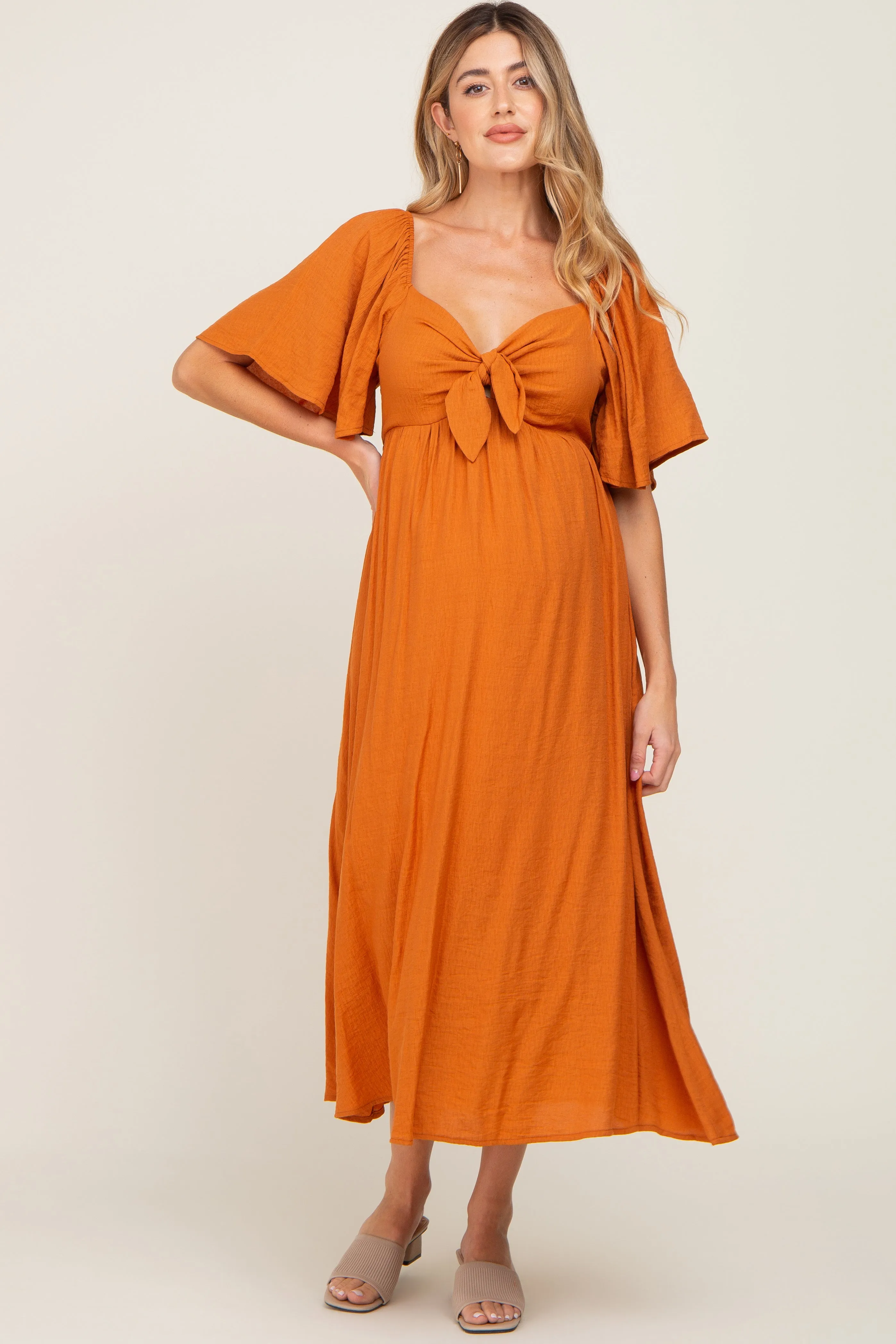 Rust Front Tie Ruffle Sleeve Maternity Midi Dress sold by Pinkblush product image thumbnail 4