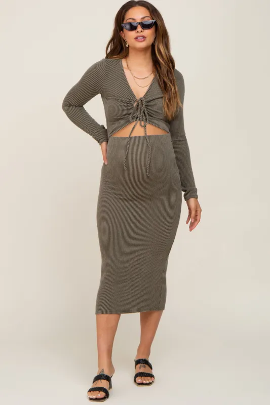 Olive Ribbed Front Cutout Two Piece Maternity Skirt Set sold by Pinkblush