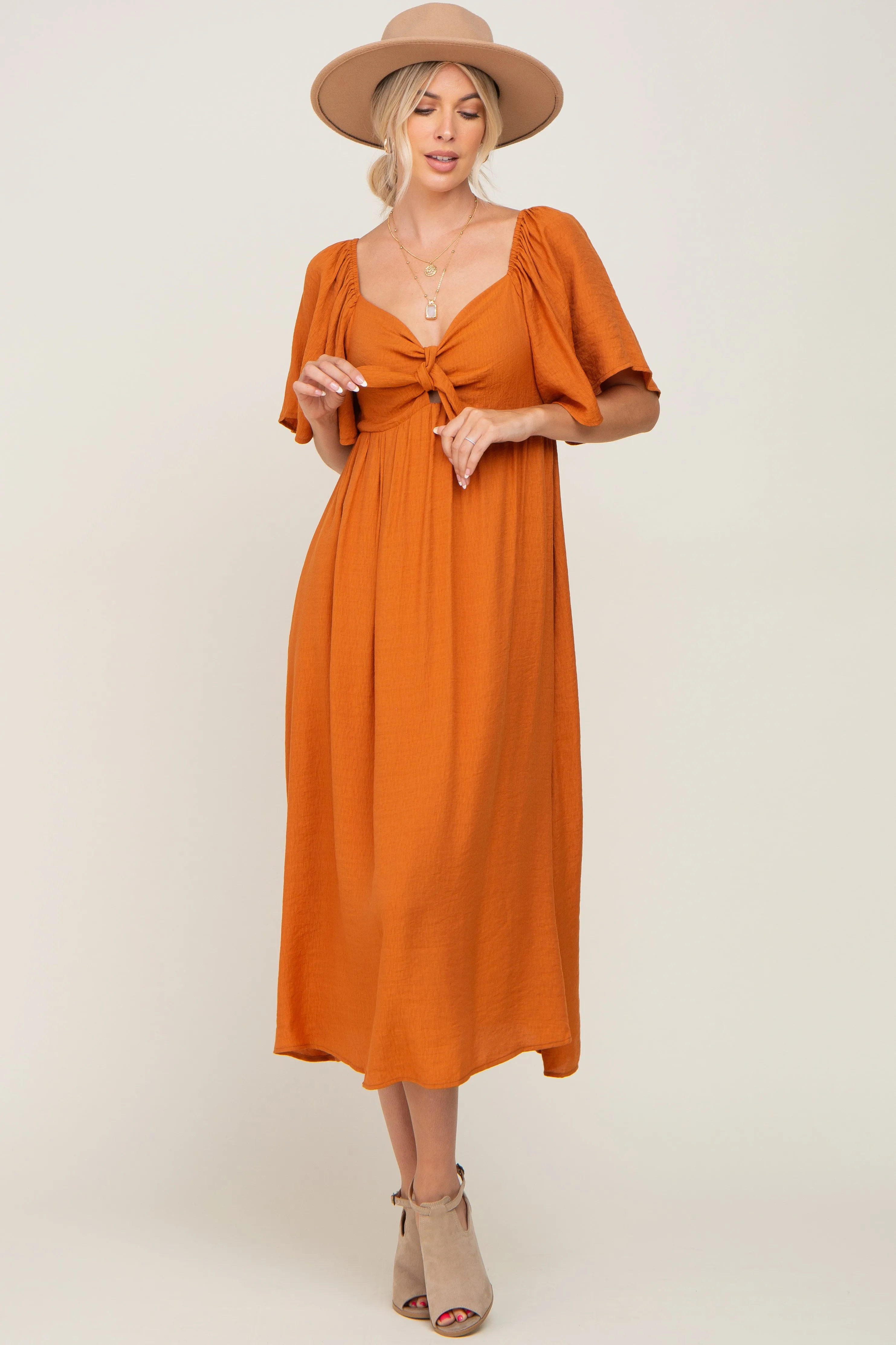 Rust Front Tie Ruffle Sleeve Maternity Midi Dress sold by Pinkblush product image thumbnail 5