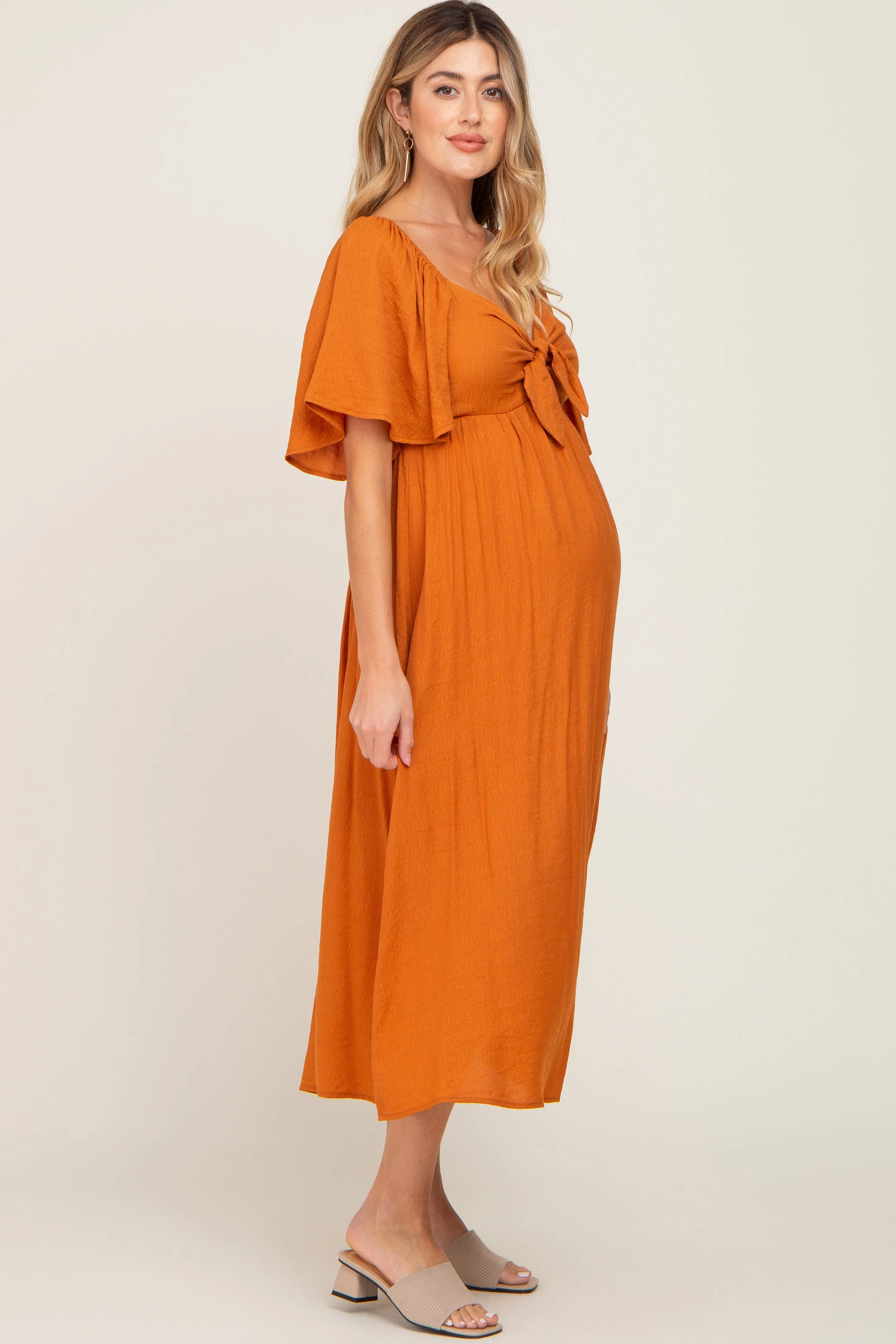 Rust Front Tie Ruffle Sleeve Maternity Midi Dress sold by Pinkblush product image thumbnail 2