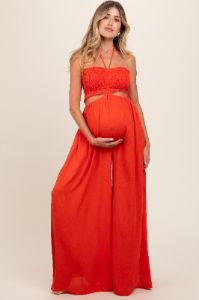 Orange Smocked Drawstring Halter Side Cutout Maternity Jumpsuit sold by Pinkblush