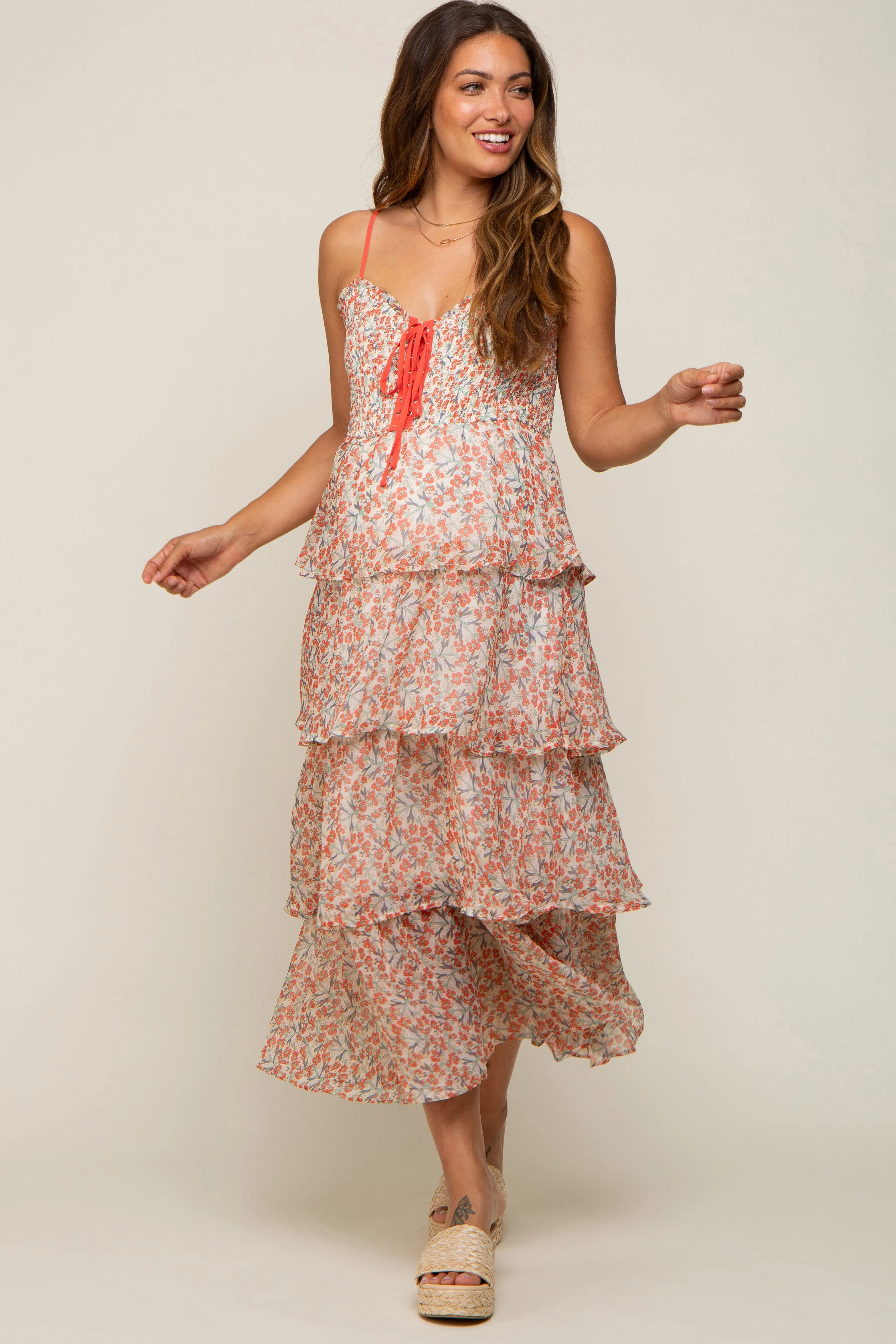 Red Floral Sleeveless Tiered Maternity Maxi Dress sold by Pinkblush product image thumbnail 4