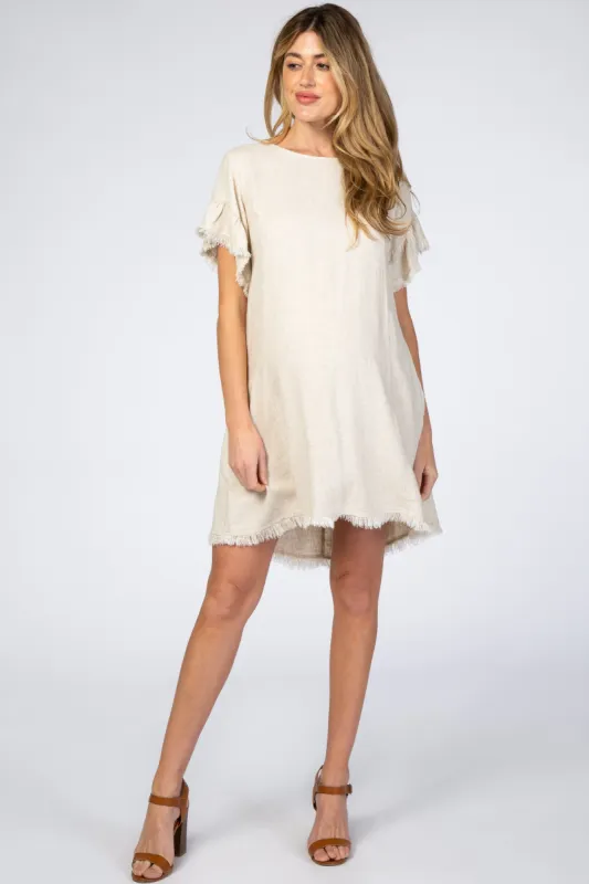 Cream Frayed Trim Back Keyhole Linen Maternity Dress sold by Pinkblush