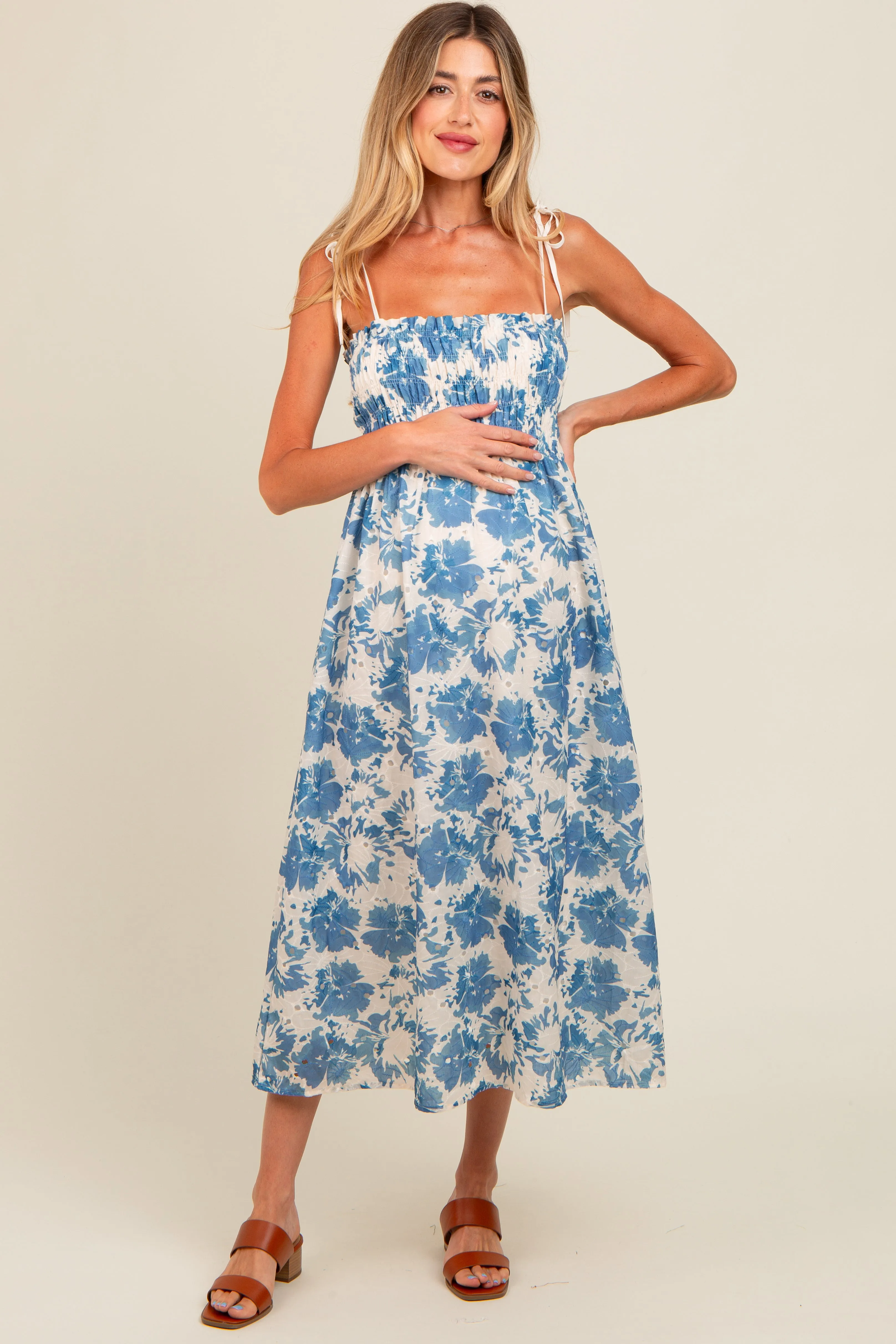 Cream Floral Smocked Maternity Midi Dress sold by Pinkblush