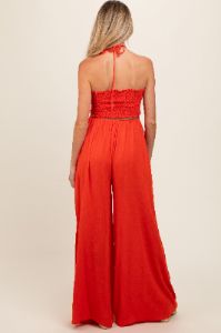 Orange Smocked Drawstring Halter Side Cutout Maternity Jumpsuit sold by Pinkblush