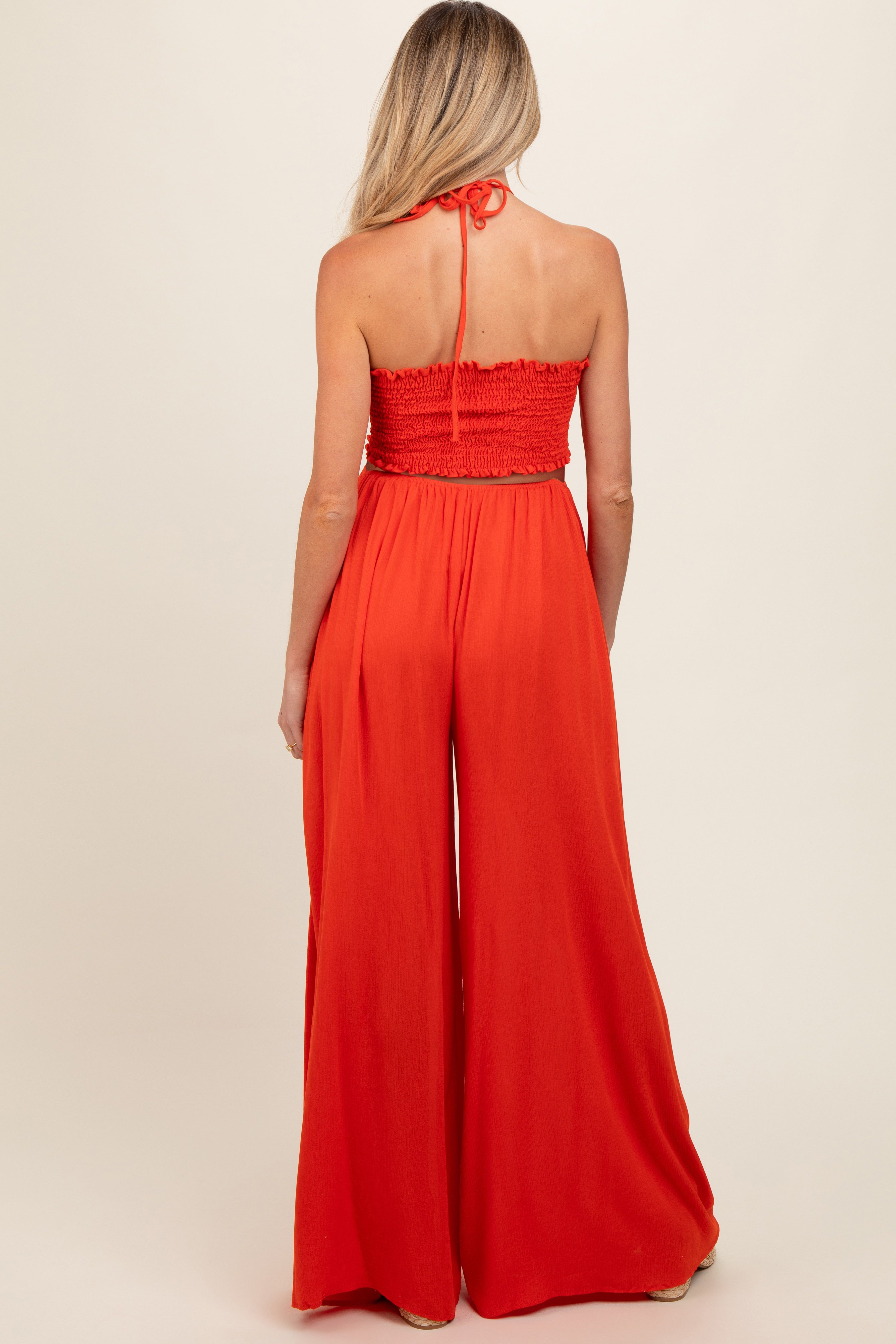 Orange Smocked Drawstring Halter Side Cutout Maternity Jumpsuit sold by Pinkblush product image thumbnail 2