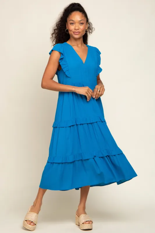 Aqua Ruffle Accent Tiered Midi Dress sold by Pinkblush