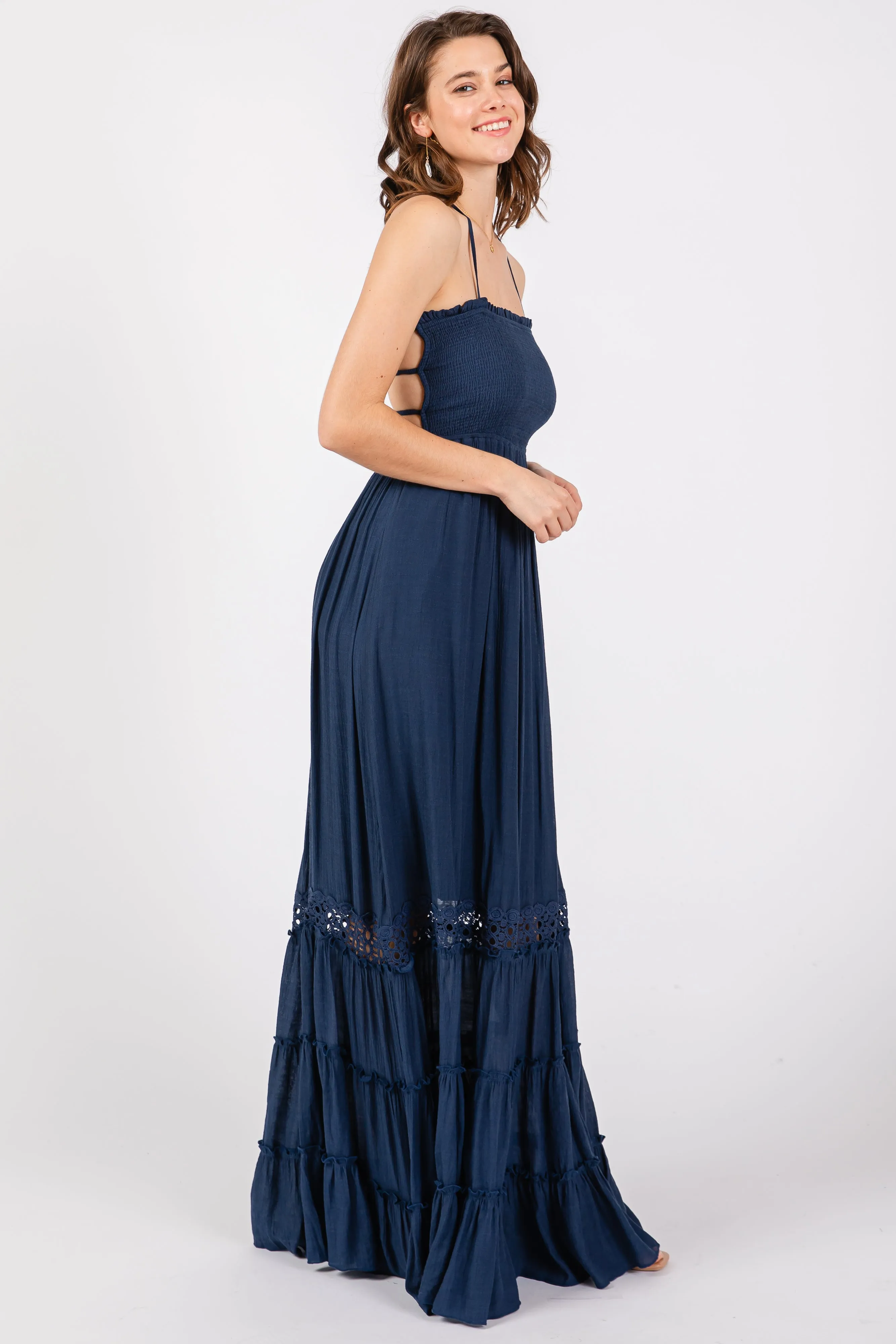 Navy Smocked Open Back Maxi Dress sold by Pinkblush product image thumbnail 2