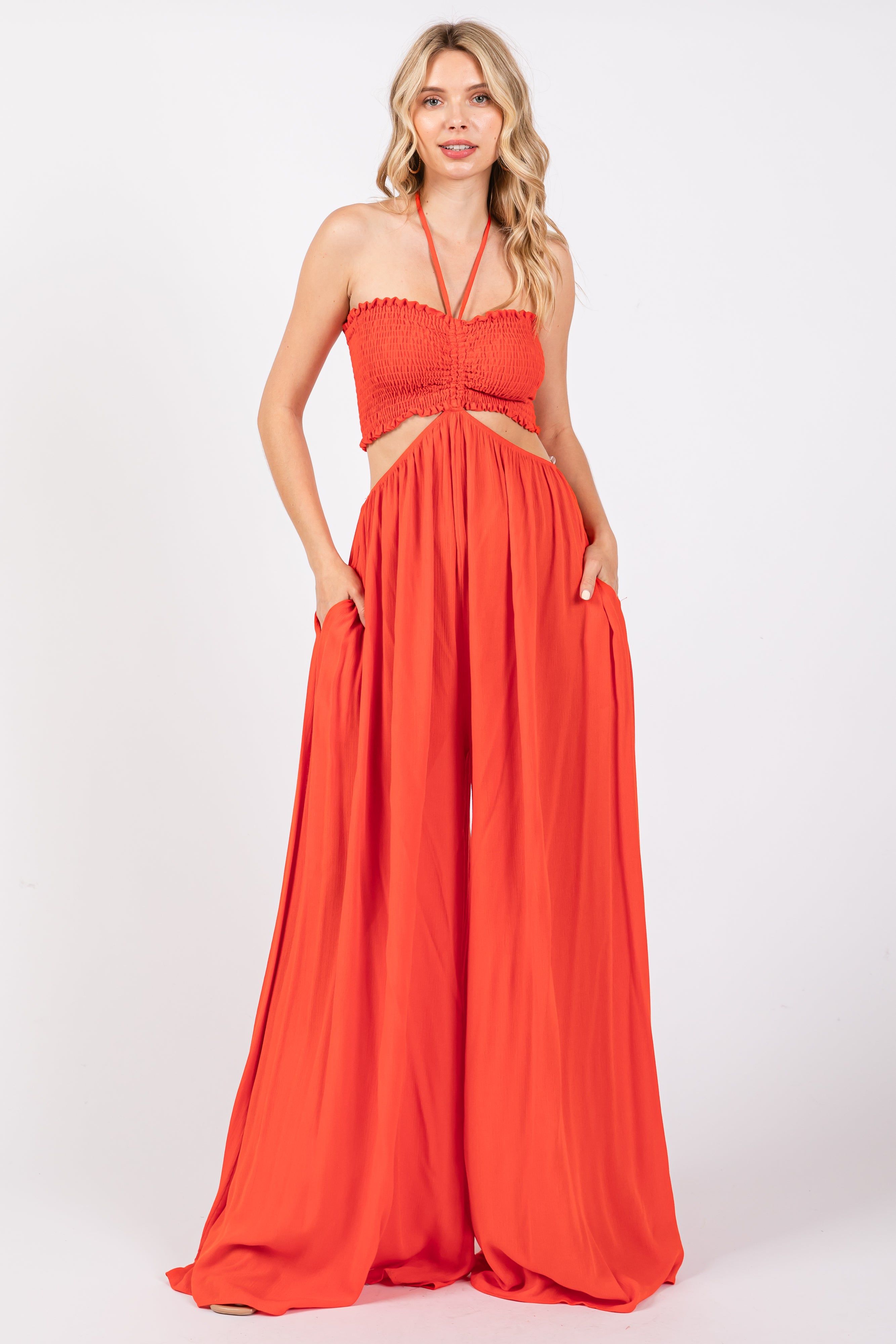 Orange Smocked Drawstring Halter Side Cutout Maternity Jumpsuit sold by Pinkblush product image thumbnail 3