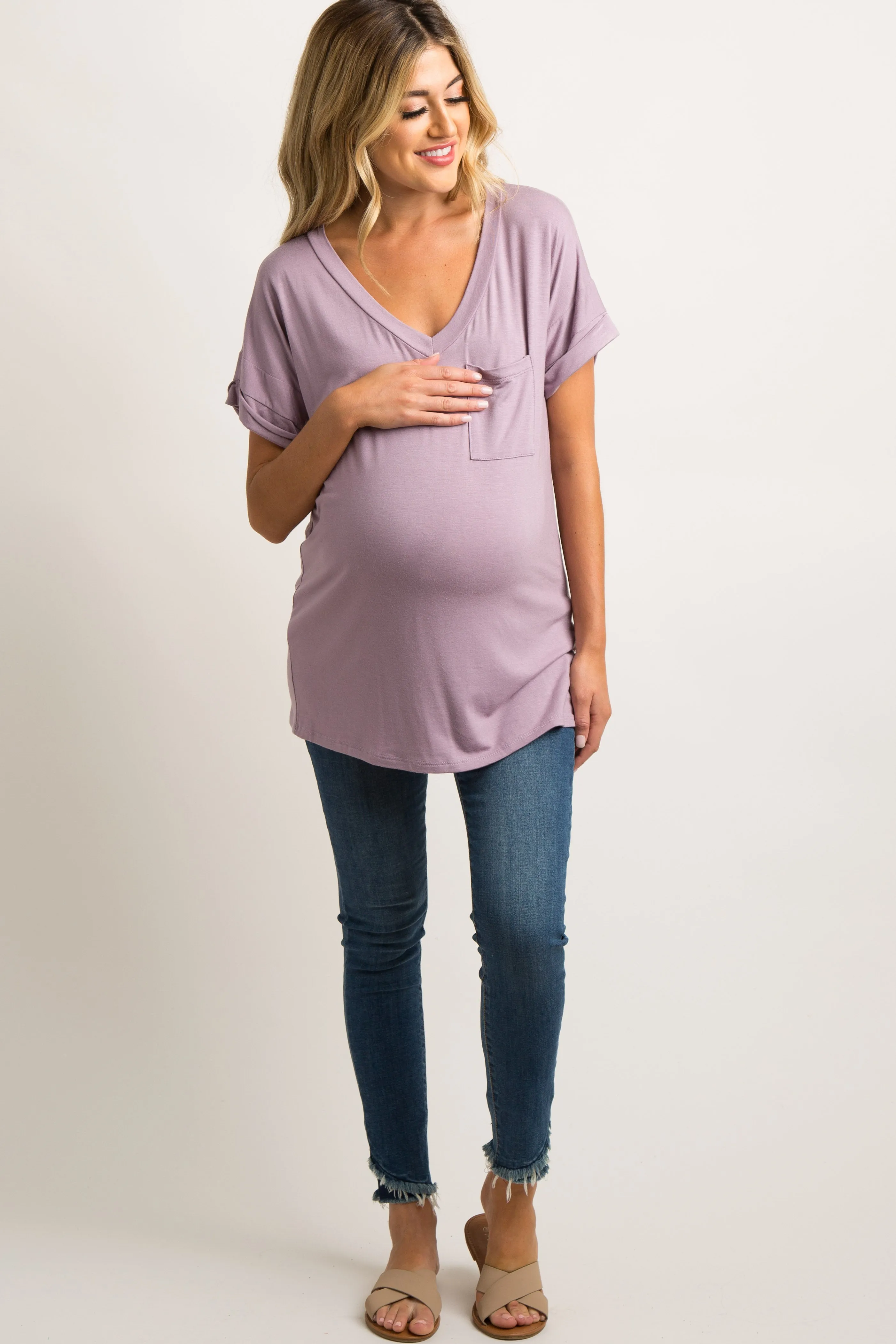Lavender Basic V-Neck Pocket Maternity Top sold by Pinkblush product image thumbnail 4