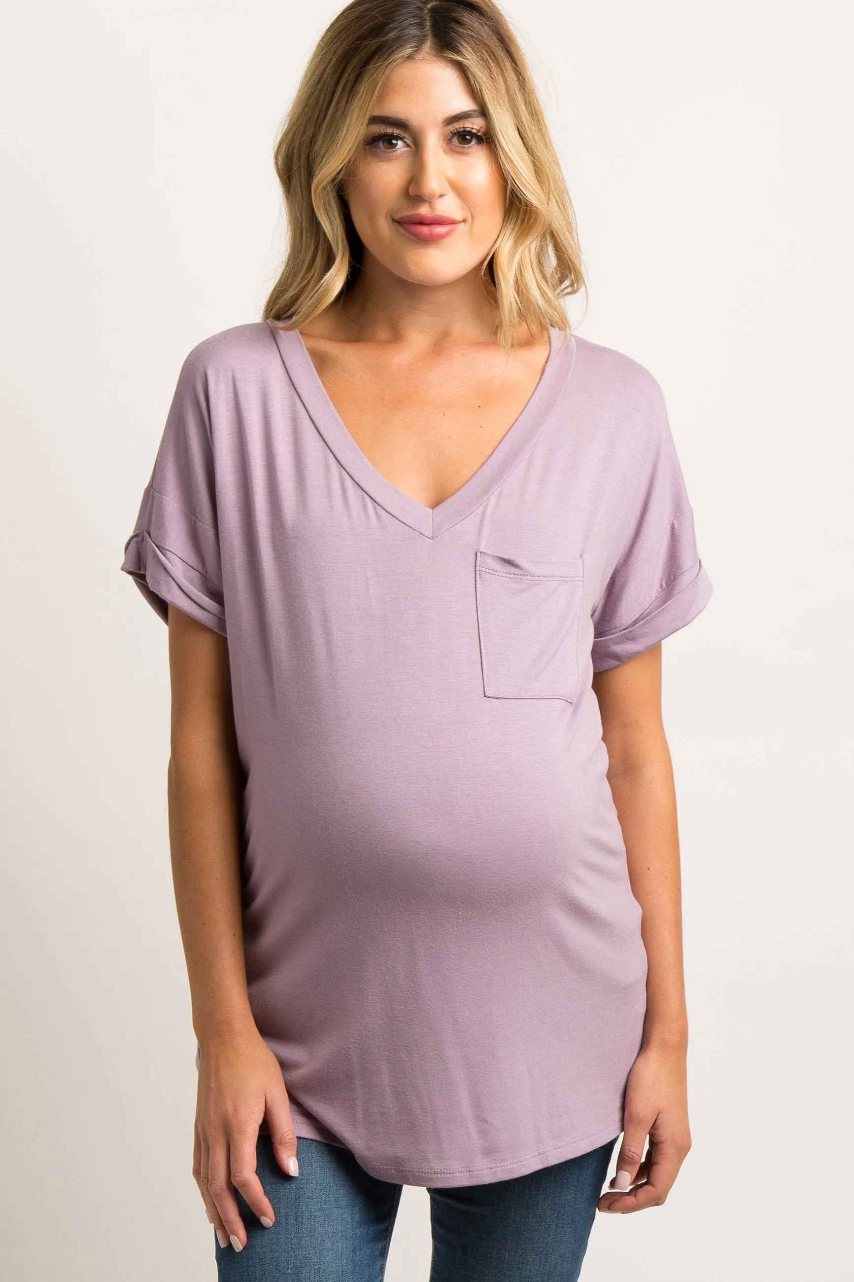 Lavender Basic V-Neck Pocket Maternity Top sold by Pinkblush
