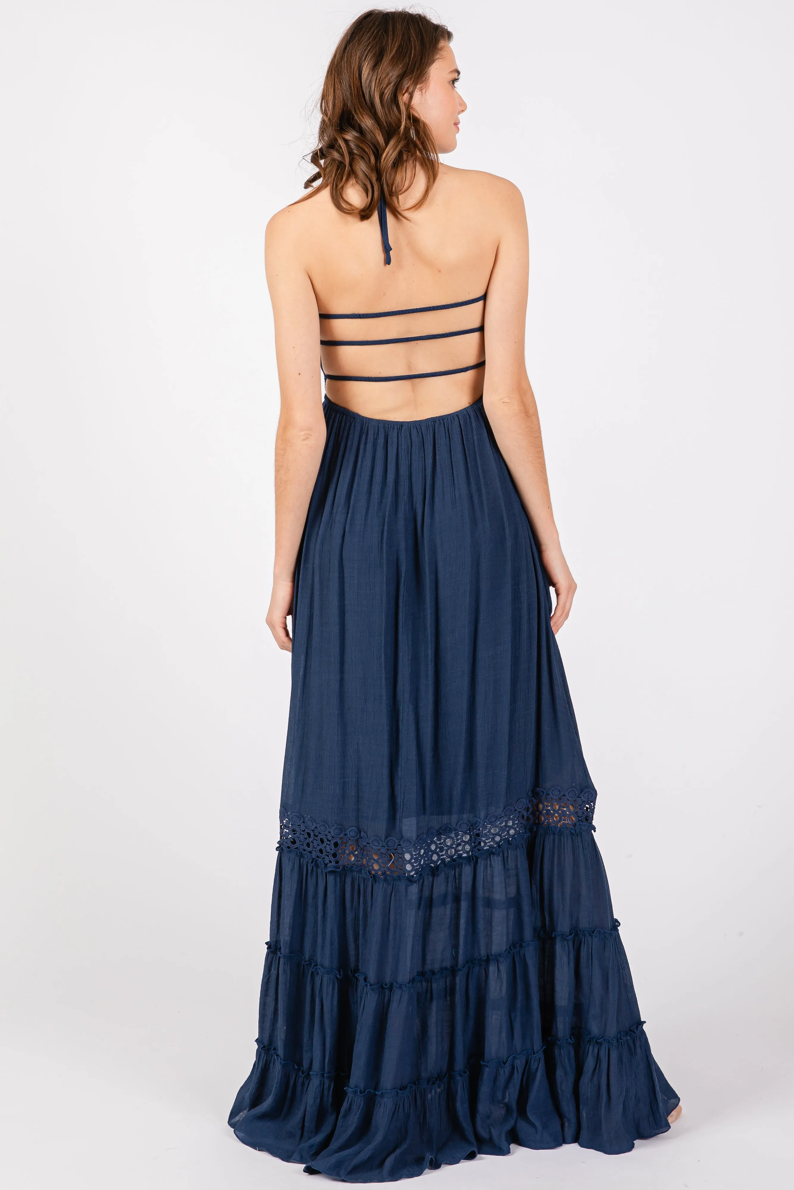 Navy Smocked Open Back Maxi Dress sold by Pinkblush product image thumbnail 3