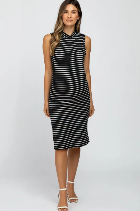 Black Striped Mock Neck Maternity Midi Dress sold by Pinkblush