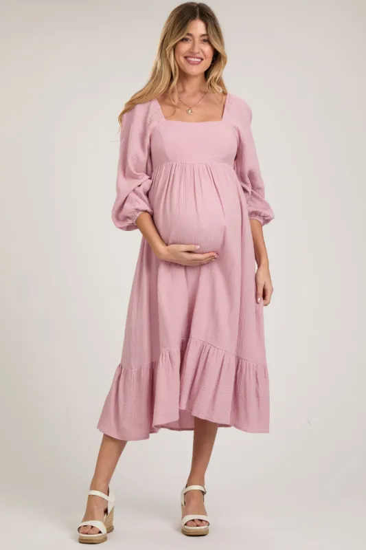 Pink Gauze Square Neck Long Sleeve Maternity Midi Dress sold by Pinkblush