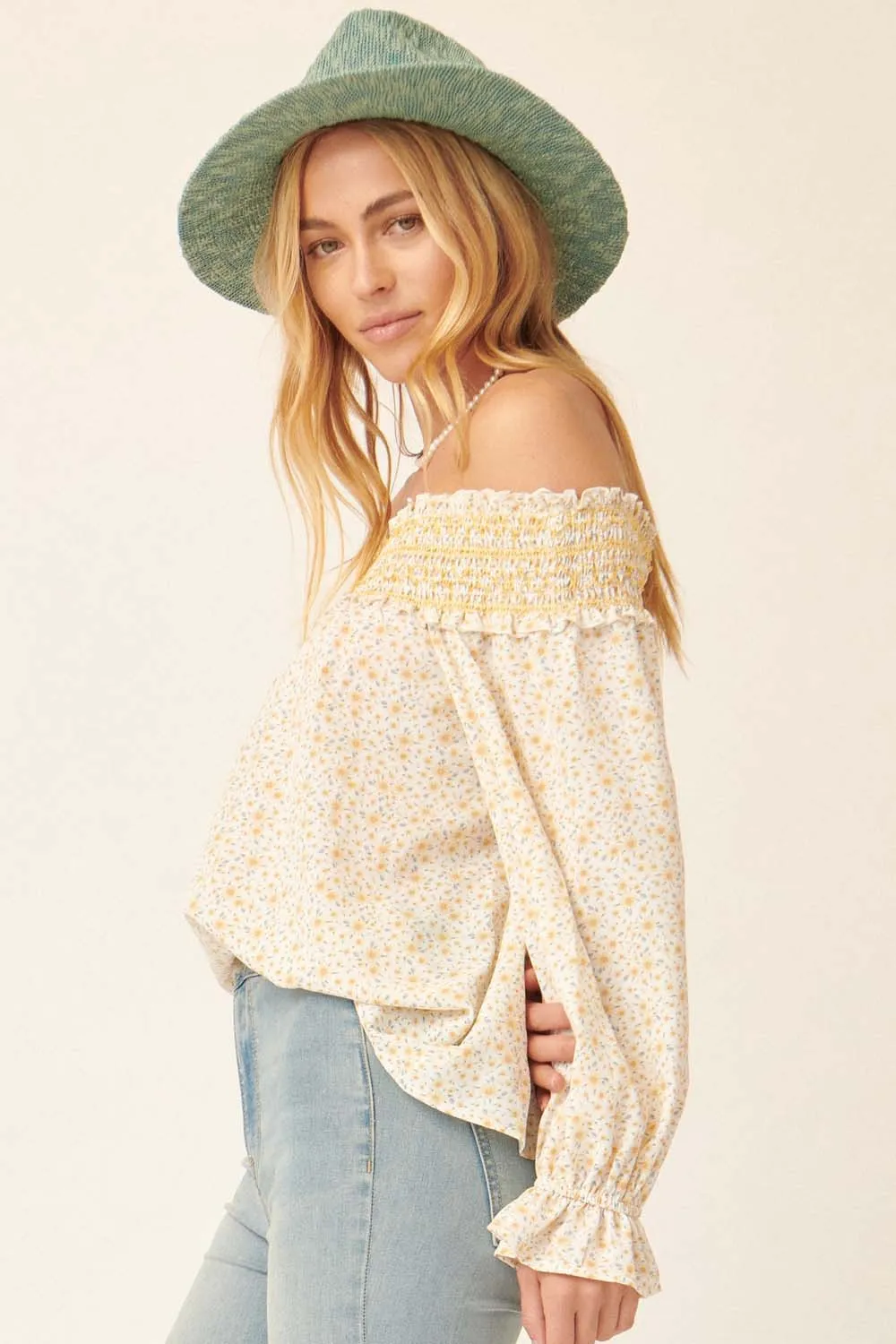Yellow Floral Smocked Off Shoulder Relaxed Top sold by Pinkblush product image thumbnail 2