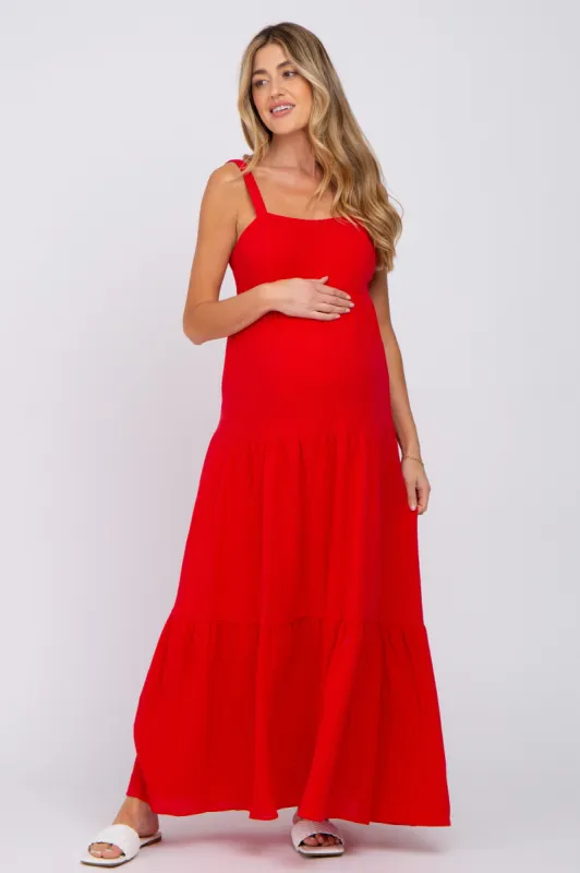 Red Sleeveless Ruffle Tiered Maternity Maxi Dress sold by Pinkblush