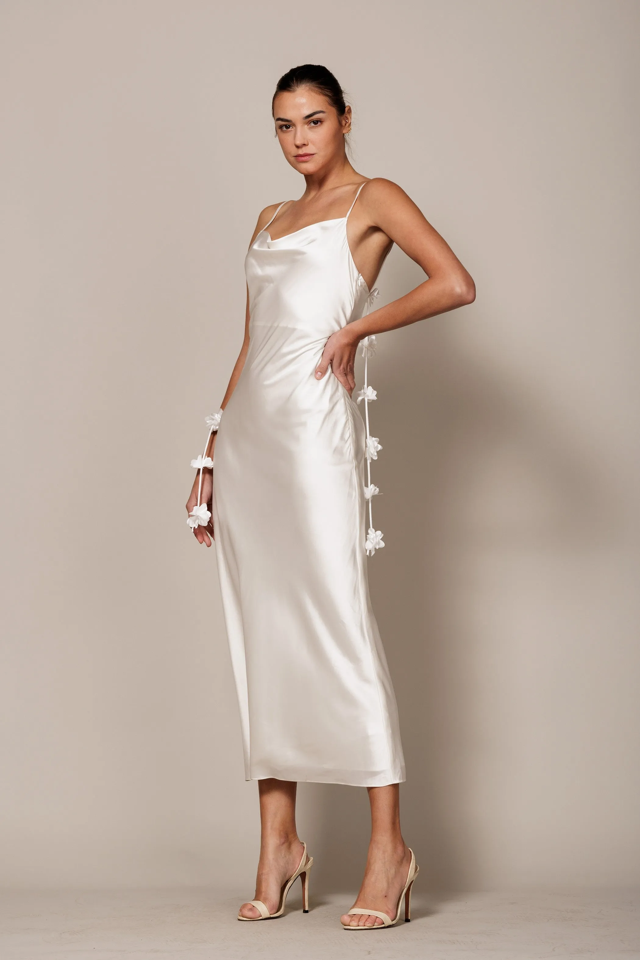 Pearl Silky Satin Dress With Rosette Trim sold by Pinkblush product image thumbnail 2