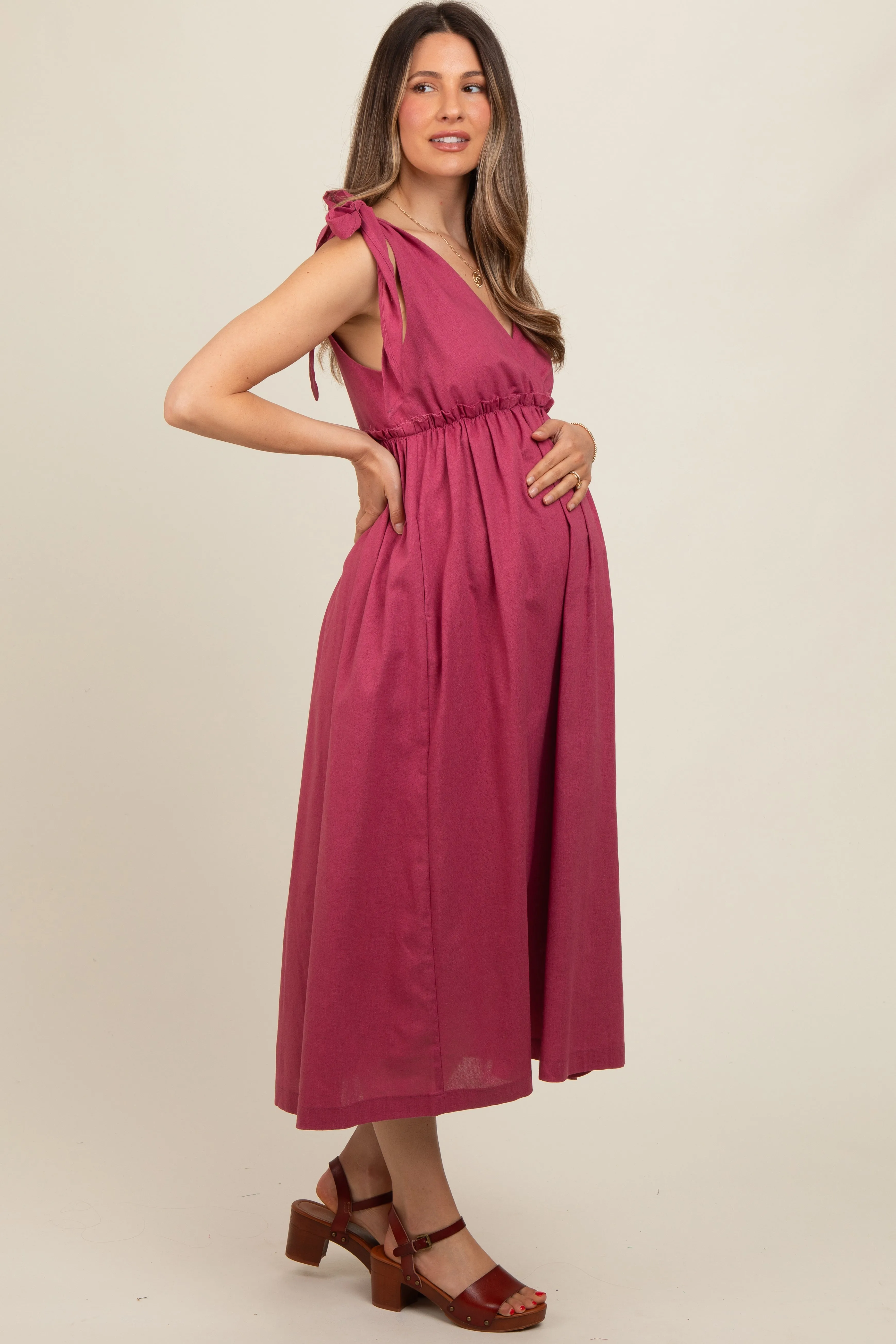 Magenta Linen Shoulder Tie Maternity Midi Dress sold by Pinkblush product image thumbnail 2