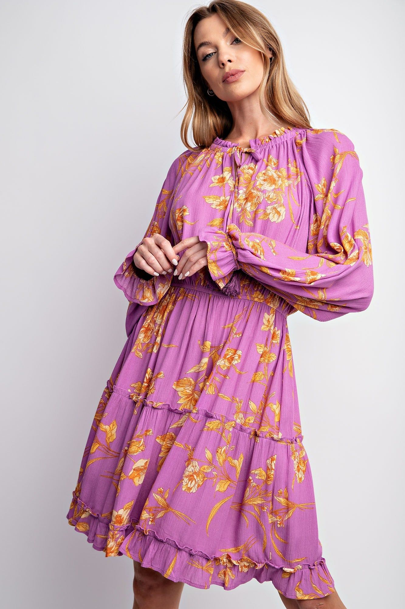 Lavender Floral Challis Tiered Dress sold by Pinkblush product image thumbnail 2