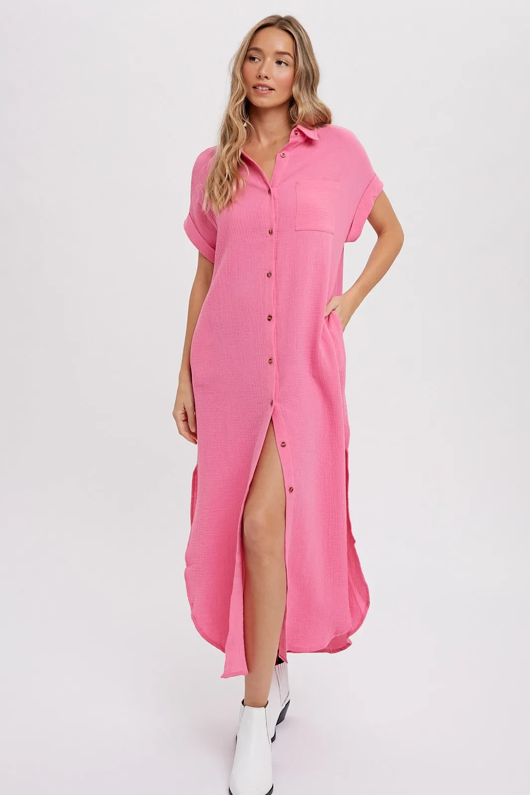 Fuchsia Button Down Midi Dress sold by Pinkblush product image thumbnail 2