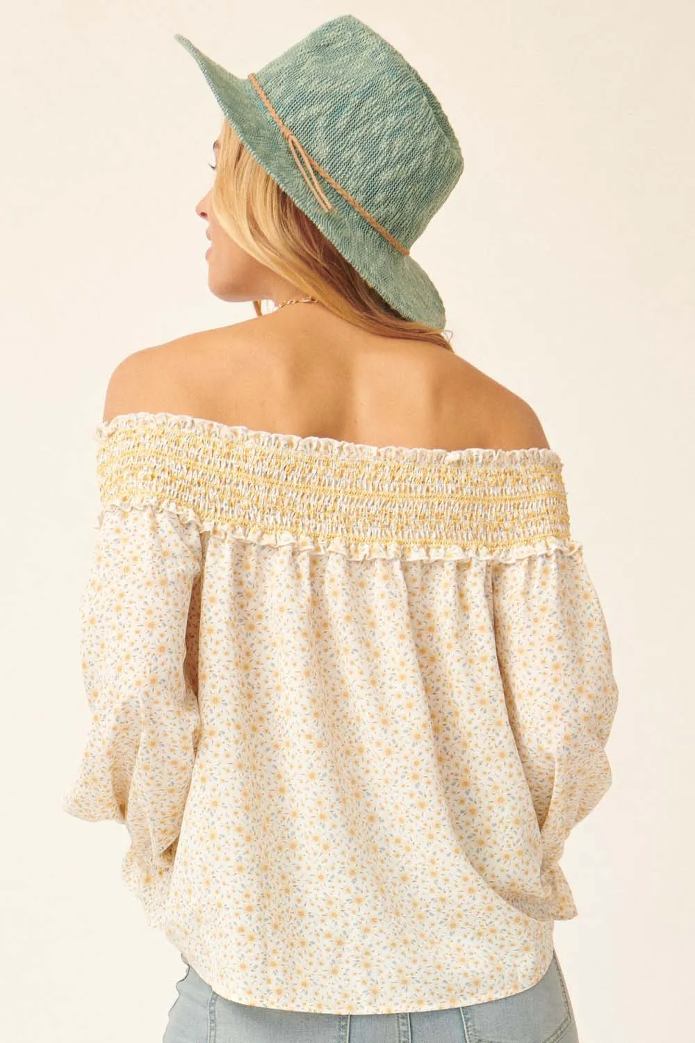 Yellow Floral Smocked Off Shoulder Relaxed Top sold by Pinkblush product image thumbnail 3