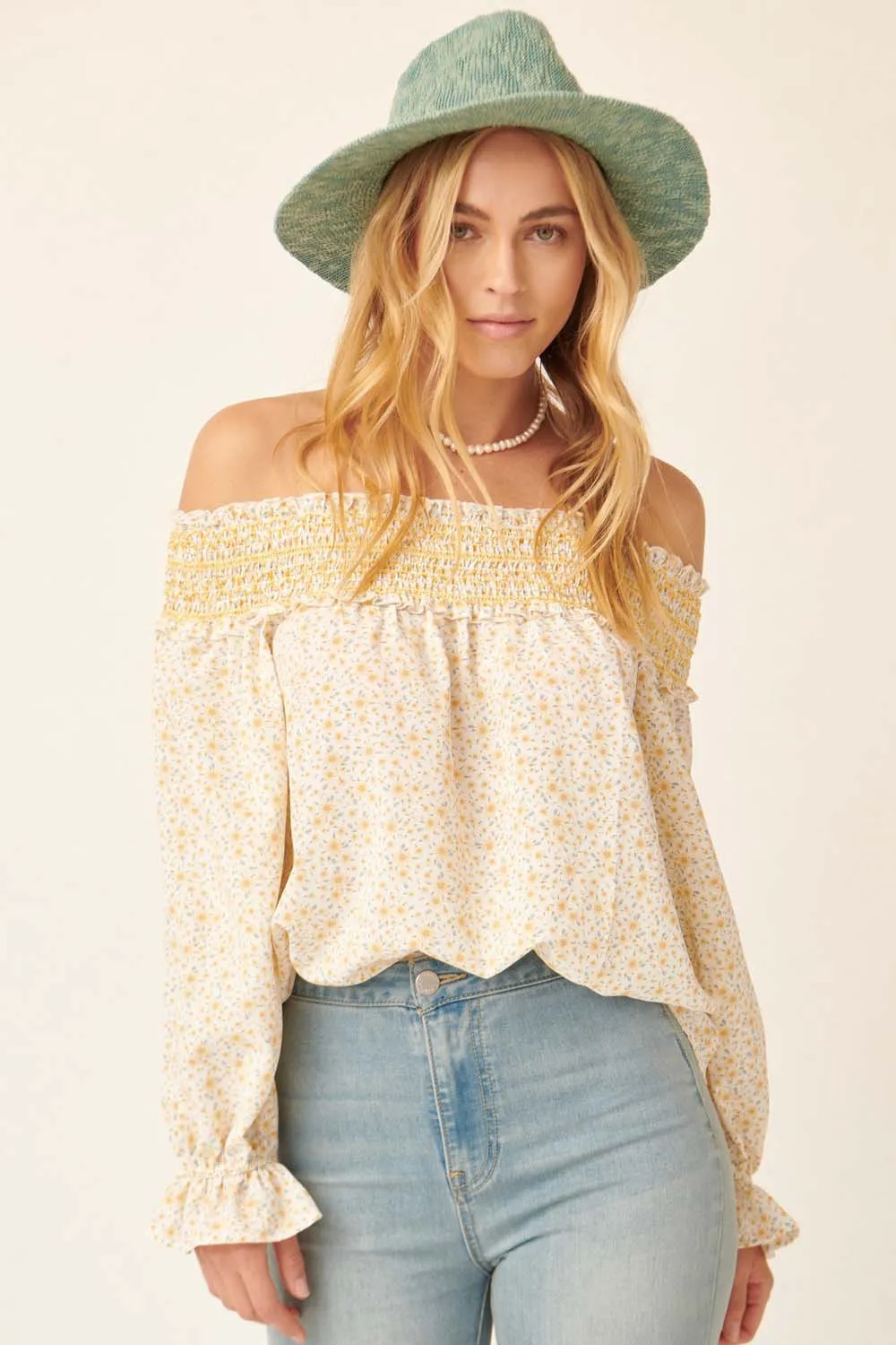 Yellow Floral Smocked Off Shoulder Relaxed Top sold by Pinkblush