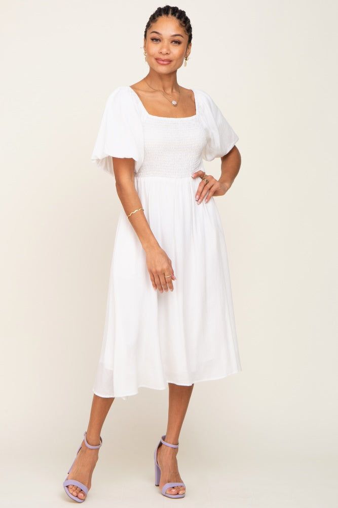 White Smocked Puff Sleeve Midi Dress sold by Pinkblush product image thumbnail 4