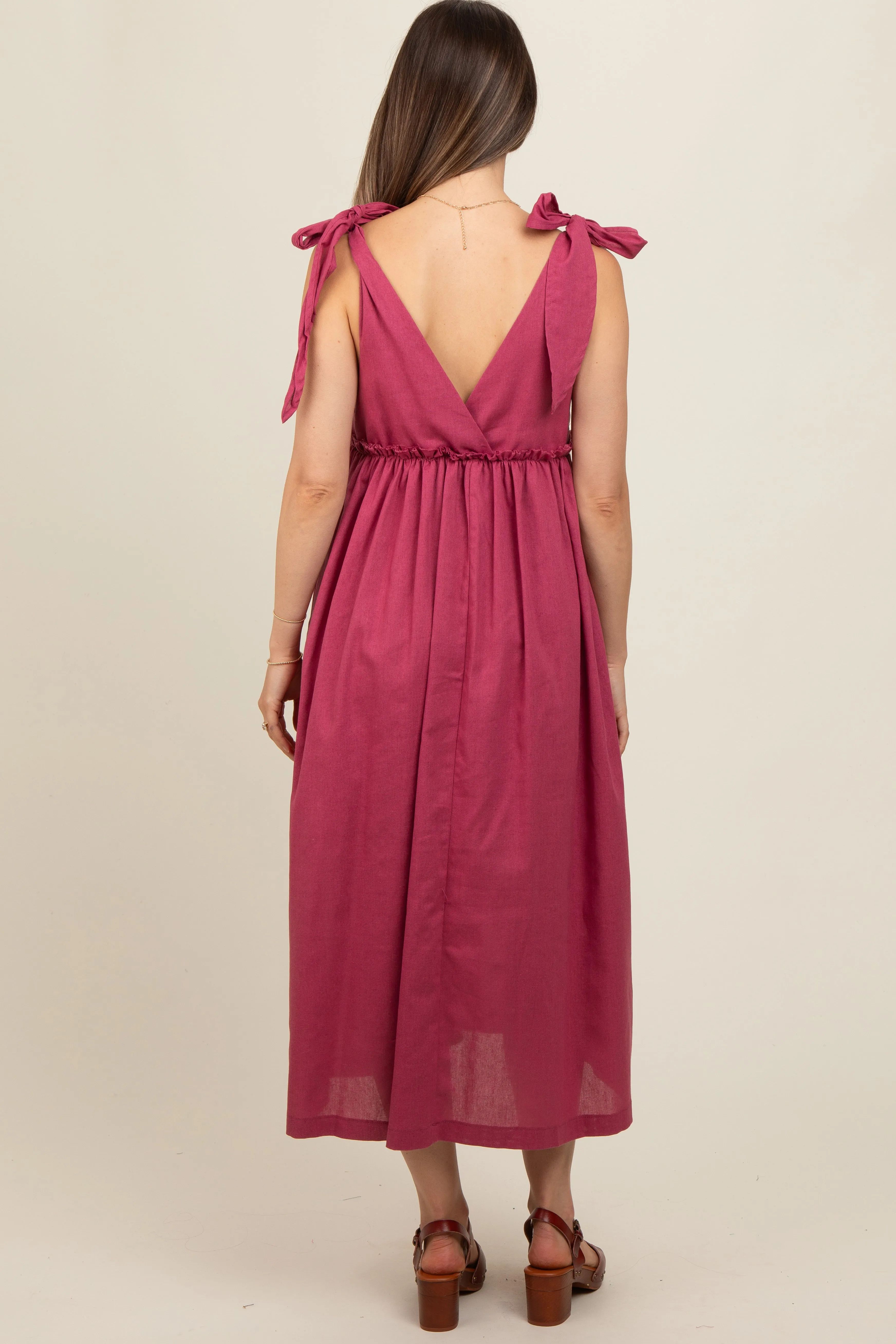 Magenta Linen Shoulder Tie Maternity Midi Dress sold by Pinkblush product image thumbnail 3