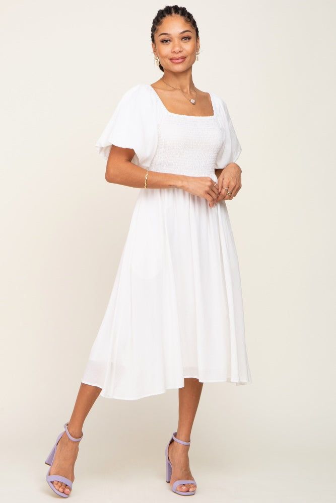 White Smocked Puff Sleeve Midi Dress sold by Pinkblush