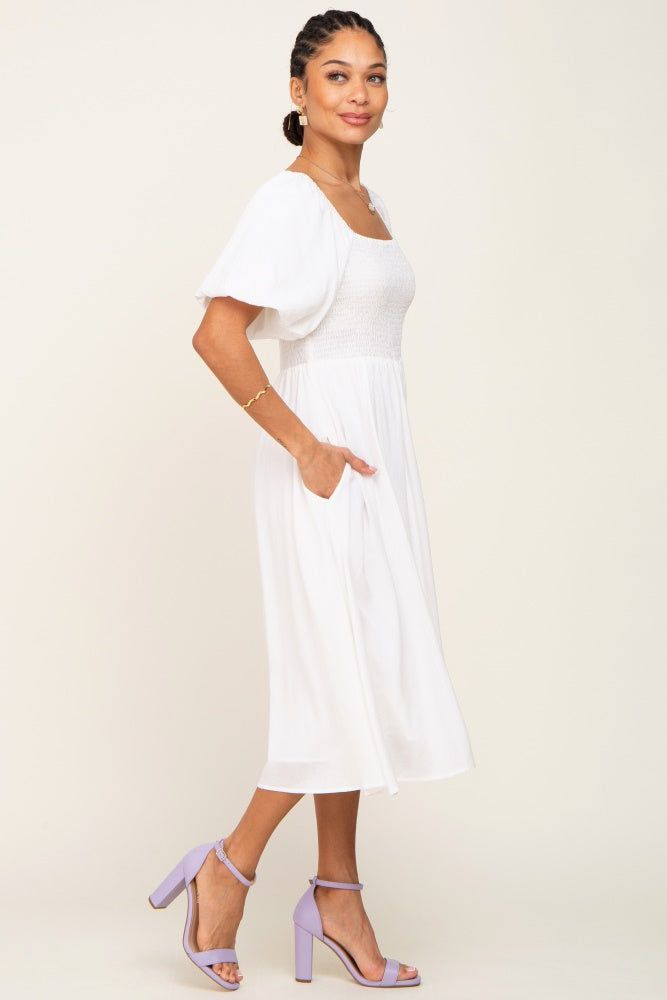 White Smocked Puff Sleeve Midi Dress sold by Pinkblush product image thumbnail 2