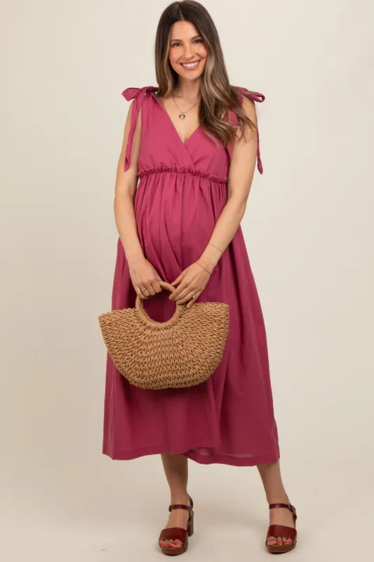 Magenta Linen Shoulder Tie Maternity Midi Dress sold by Pinkblush