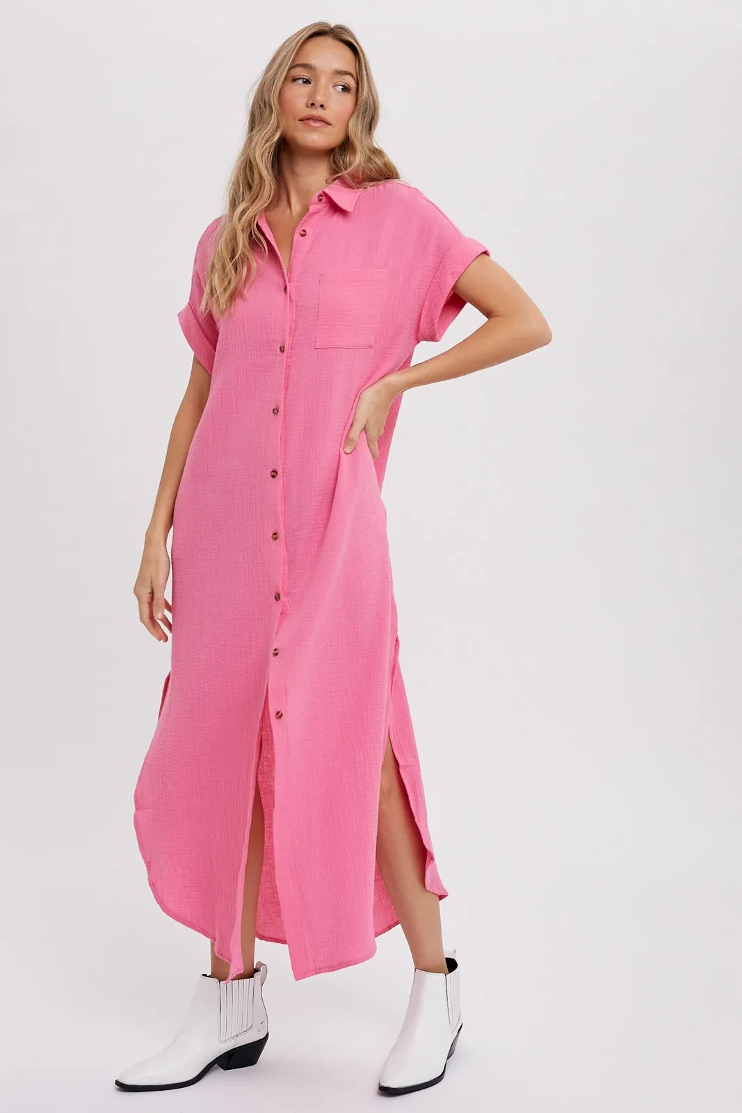 Fuchsia Button Down Midi Dress sold by Pinkblush