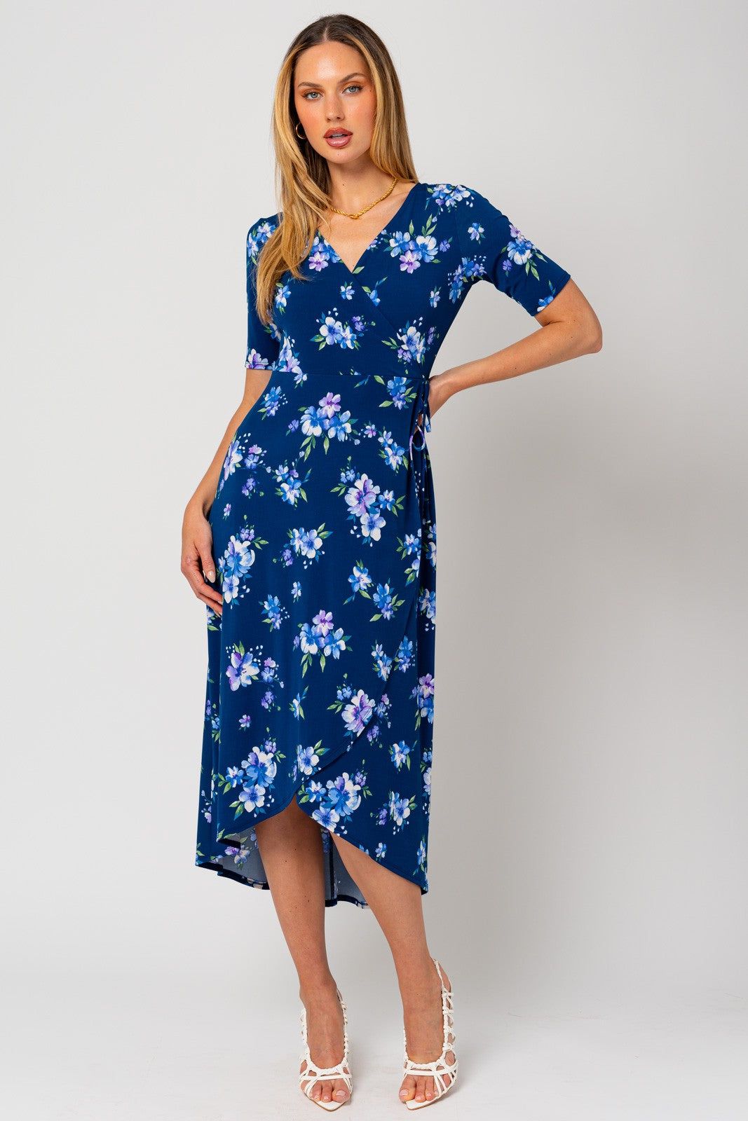 Navy Floral Short Sleeve Maternity Wrap Dress sold by Pinkblush product image thumbnail 5