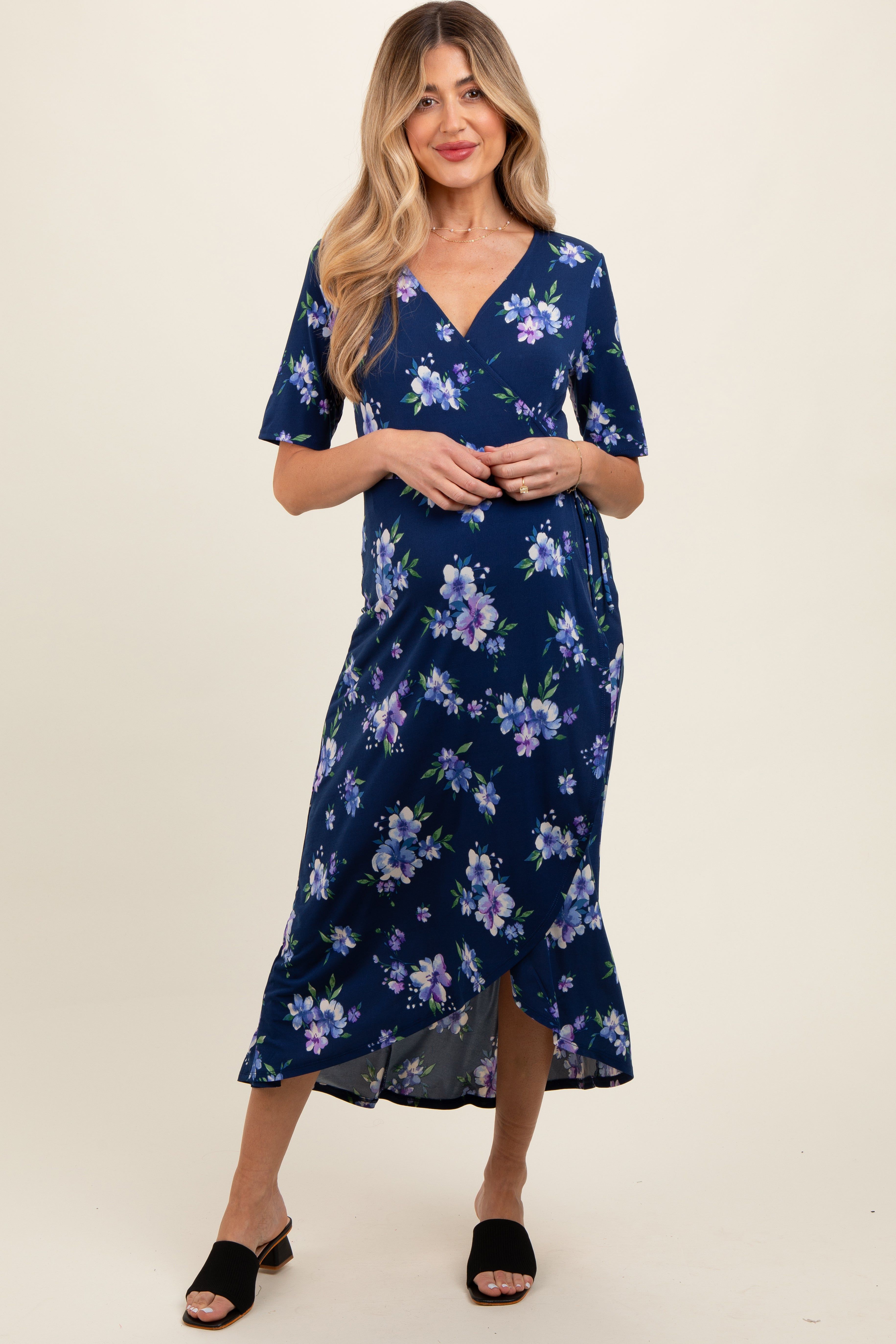 Navy Floral Short Sleeve Maternity Wrap Dress sold by Pinkblush product image thumbnail 2