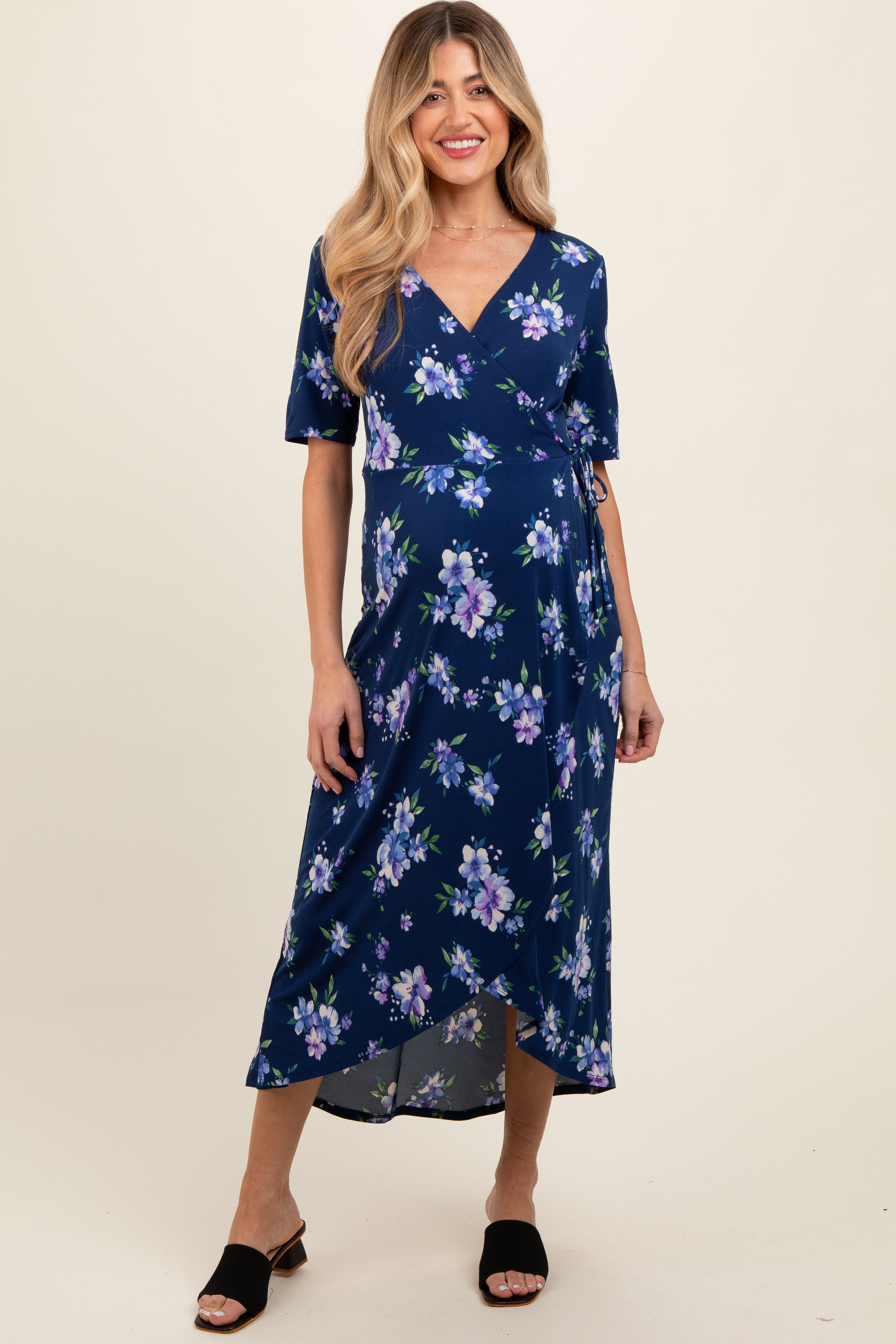 Navy Floral Short Sleeve Maternity Wrap Dress sold by Pinkblush
