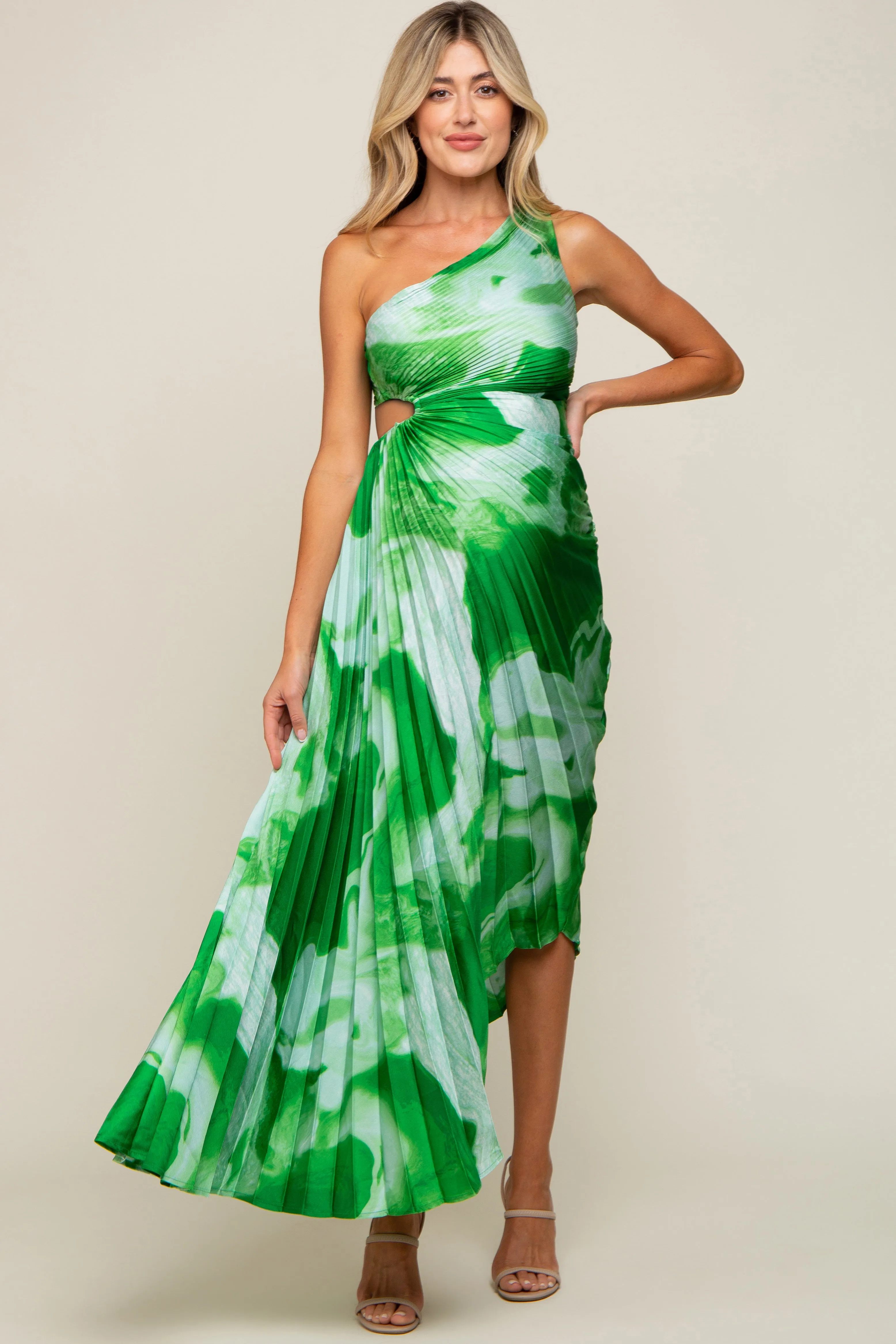 Green Watercolor Satin Pleated One-Shoulder Asymmetrical Maternity Midi Dress sold by Pinkblush product image thumbnail 4